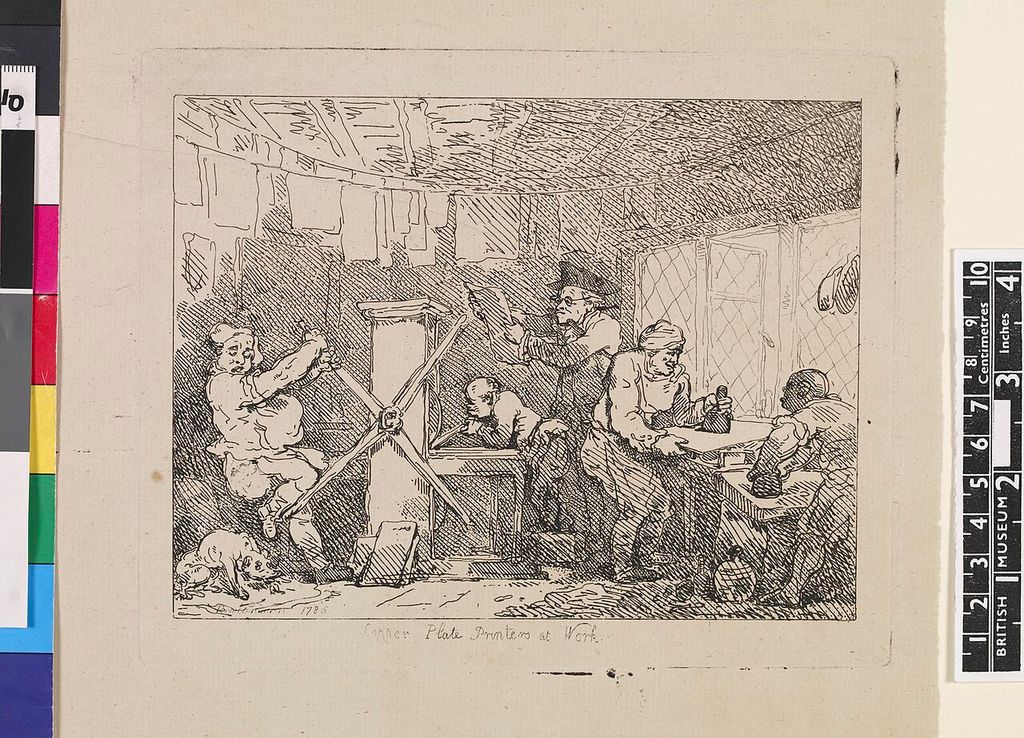 Historic copper-plate printers at work.