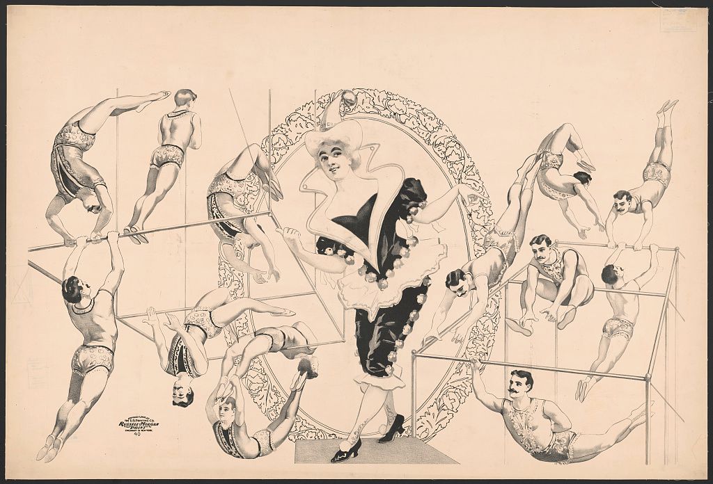 1900 circus lithograph of a woman clown and acrobats, a separate work from Picasso's painting.