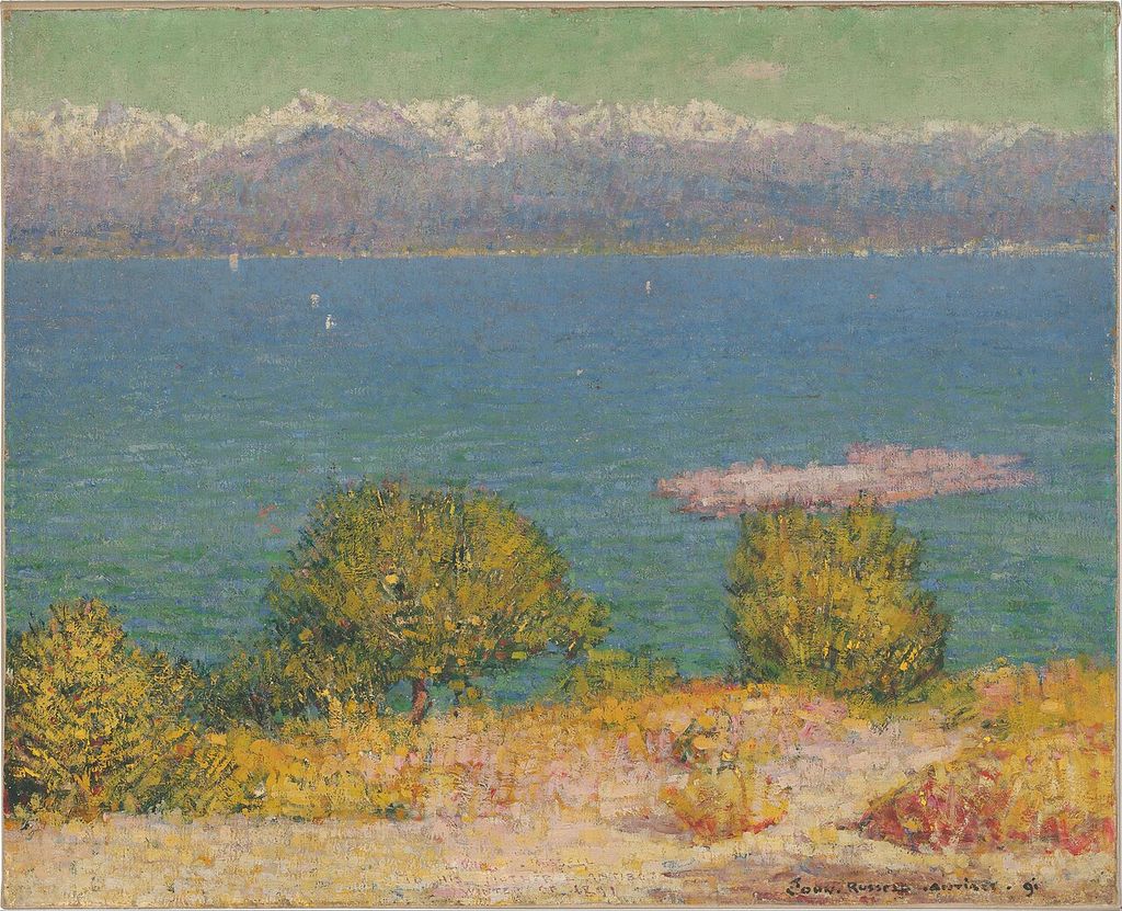 John Peter Russell's 1891 painting of the Bay of Nice from Antibes, with the sea and distant mountains.