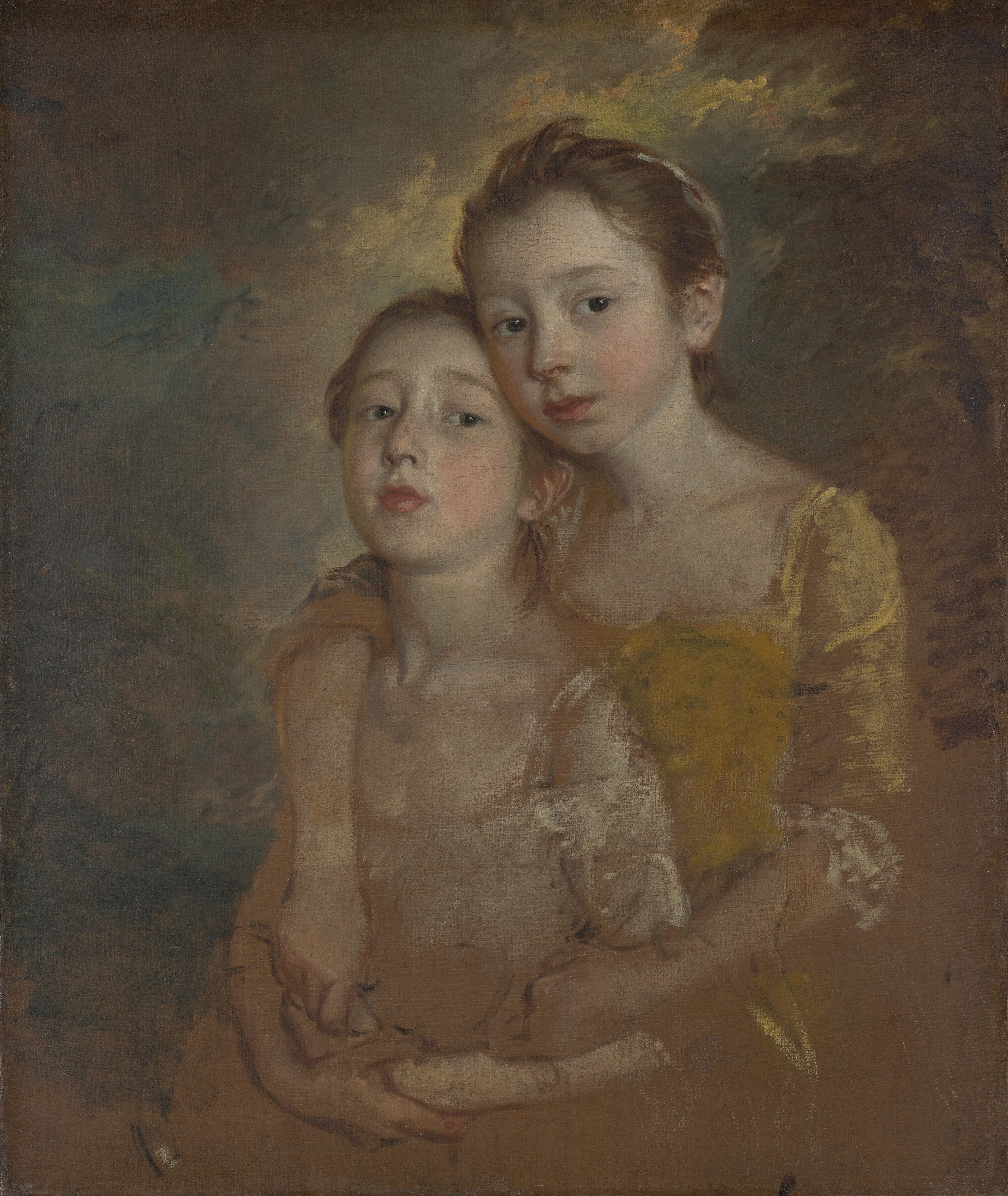 Gainsborough's two daughters embrace while the younger holds a lightly sketched cat in the unfinished portrait.