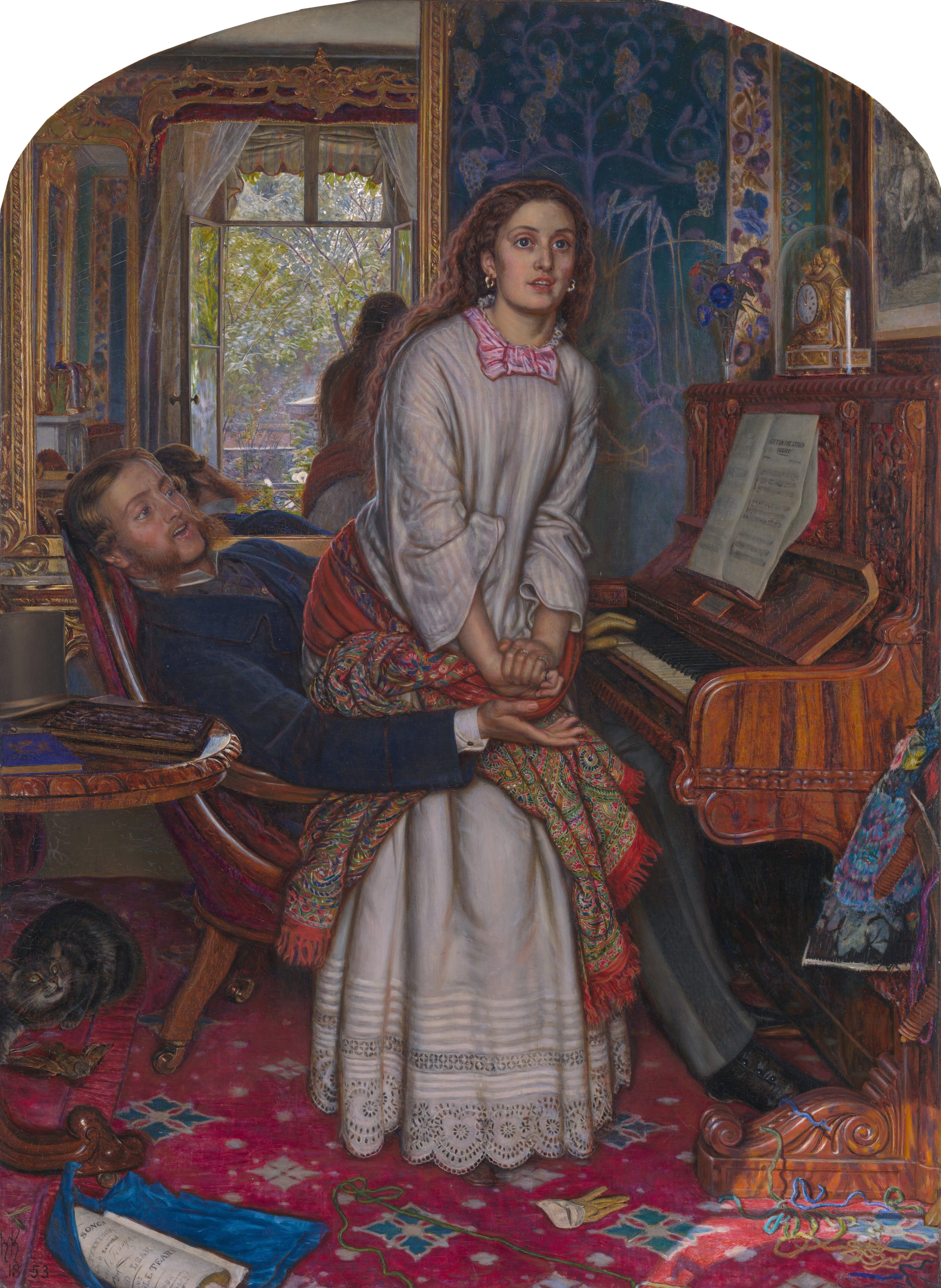 A woman rises from a man's lap in a richly furnished room while a cat crouches over a bird at lower left.