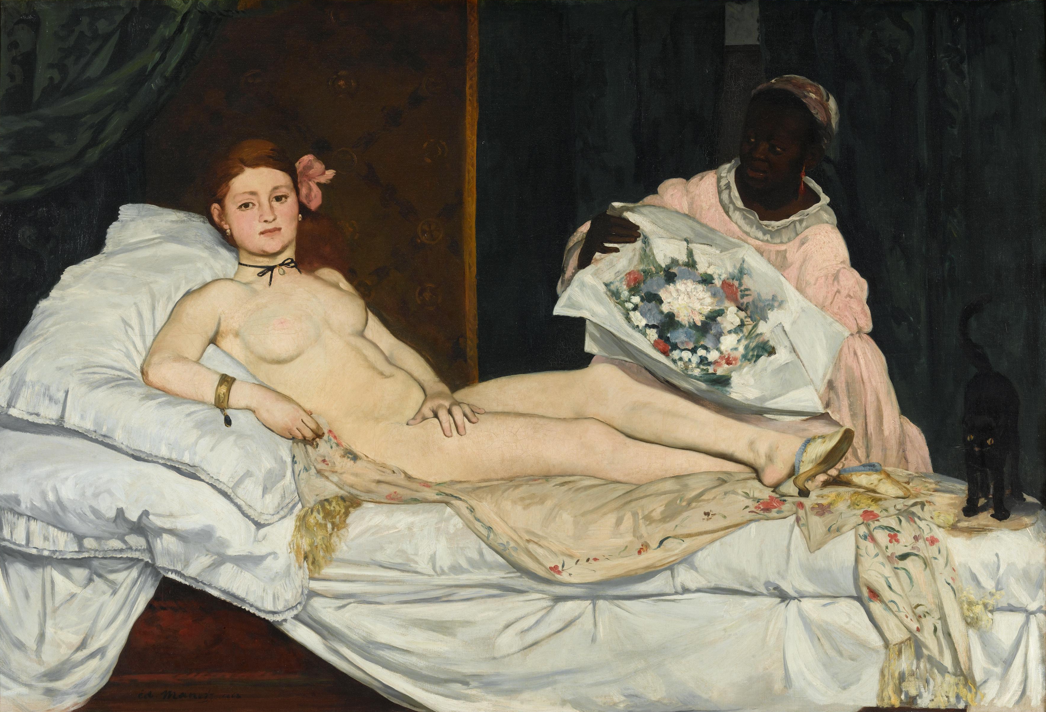 Manet's Olympia reclines on white bedding beside a maid with flowers and a black cat at the foot of the bed.