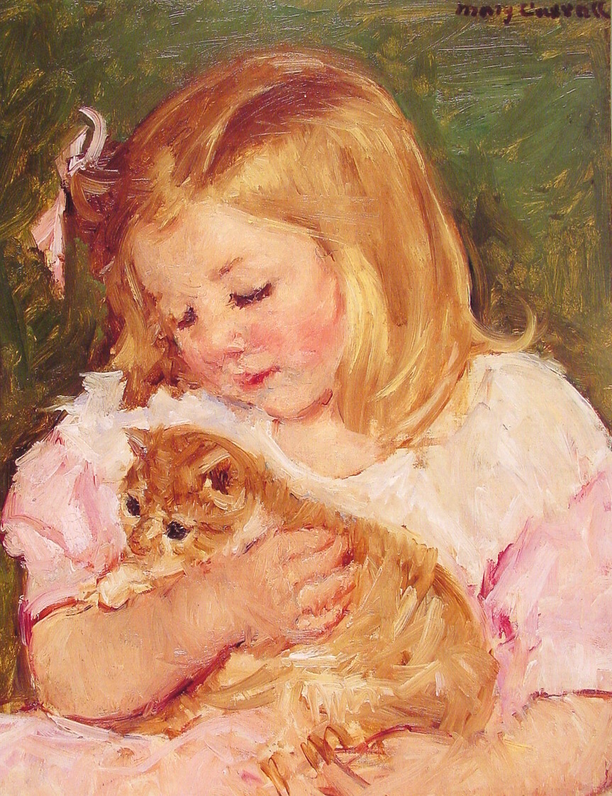 A young girl in a pink dress cradles an orange-and-white cat in Mary Cassatt's Sara Holding a Cat.