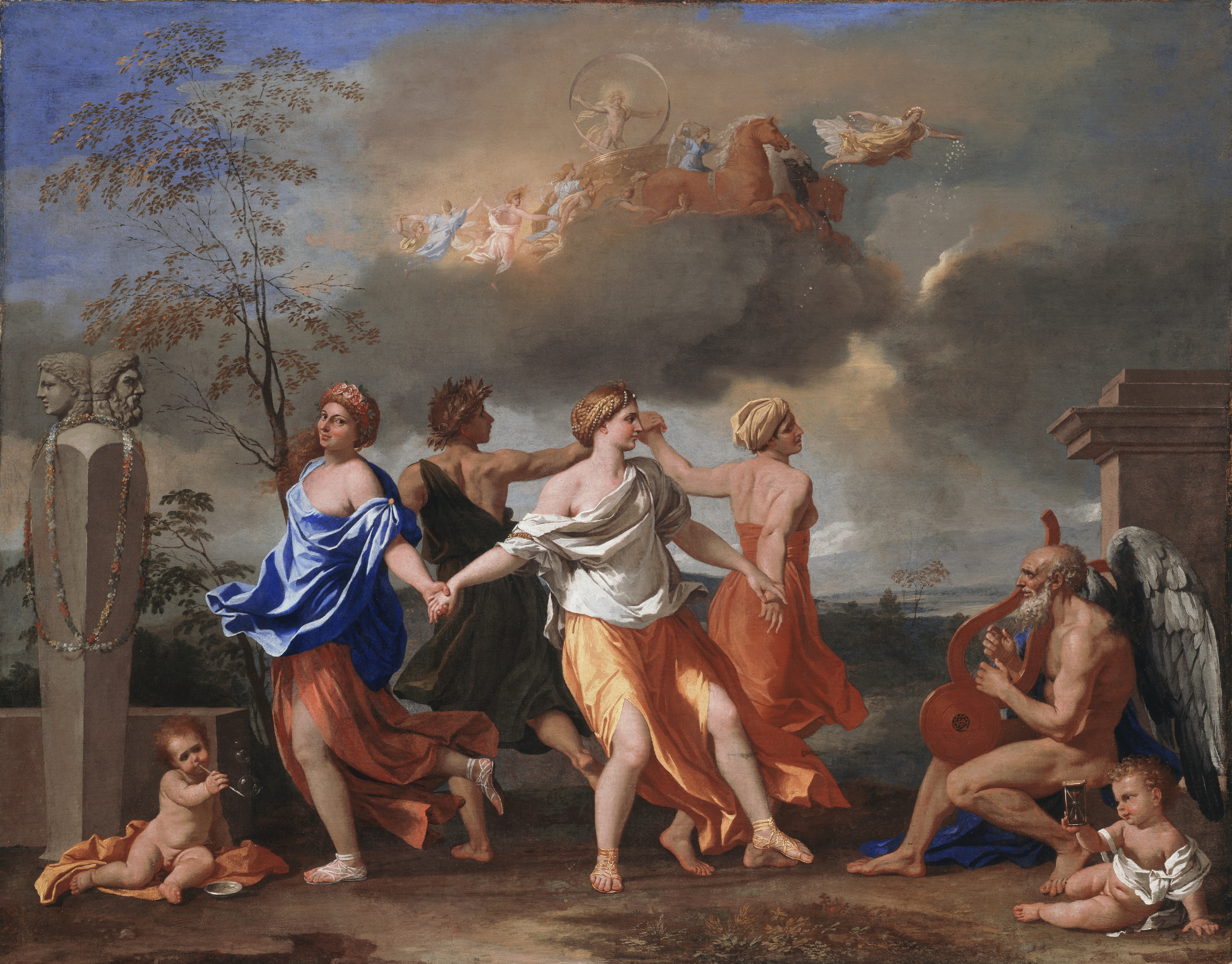 Poussin's A Dance to the Music of Time shows four allegorical figures holding hands in a circle while Father Time plays a lyre.