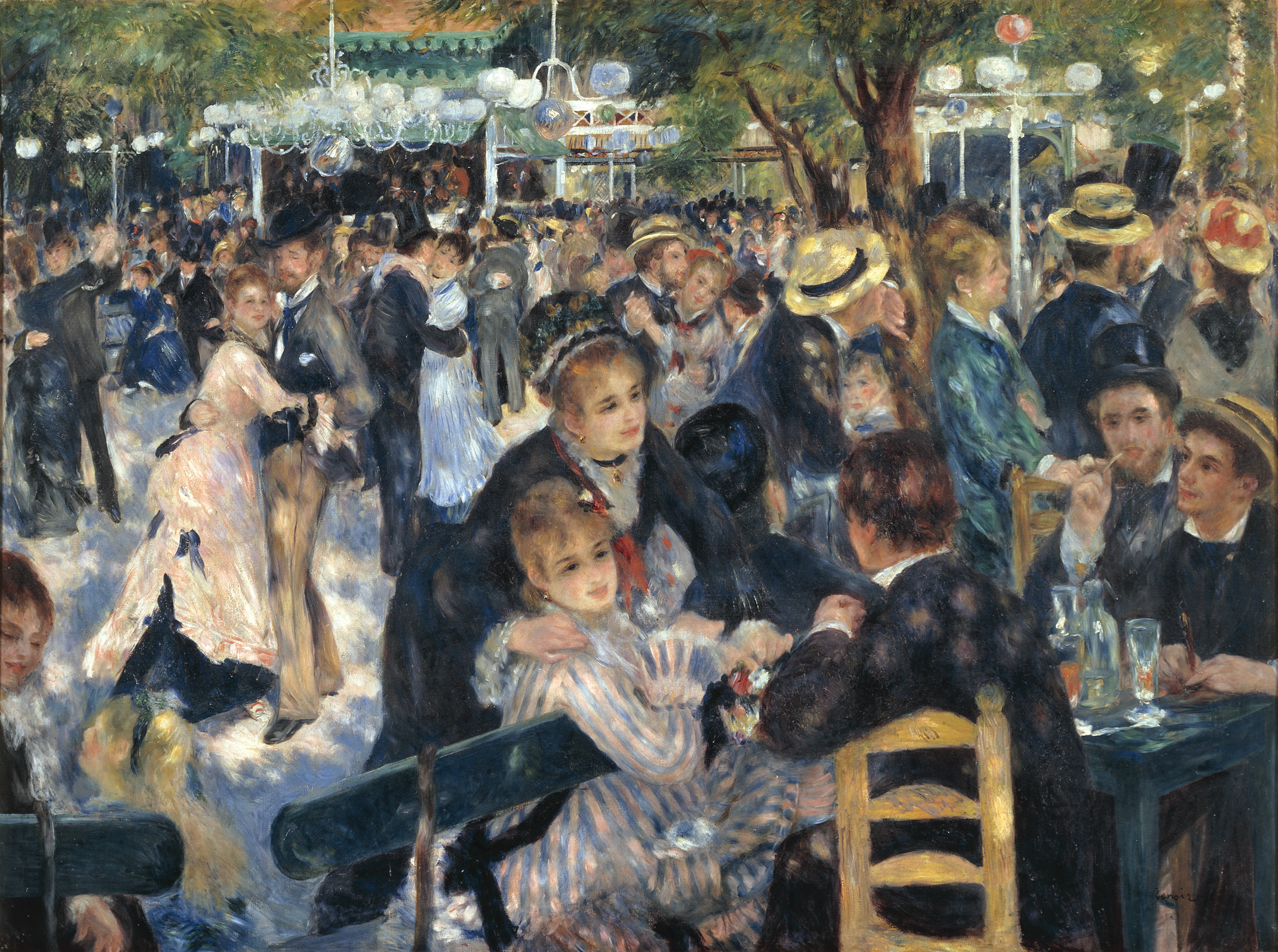 Renoir's Bal du moulin de la Galette shows a crowded open-air dance garden filled with seated guests and dancing couples.