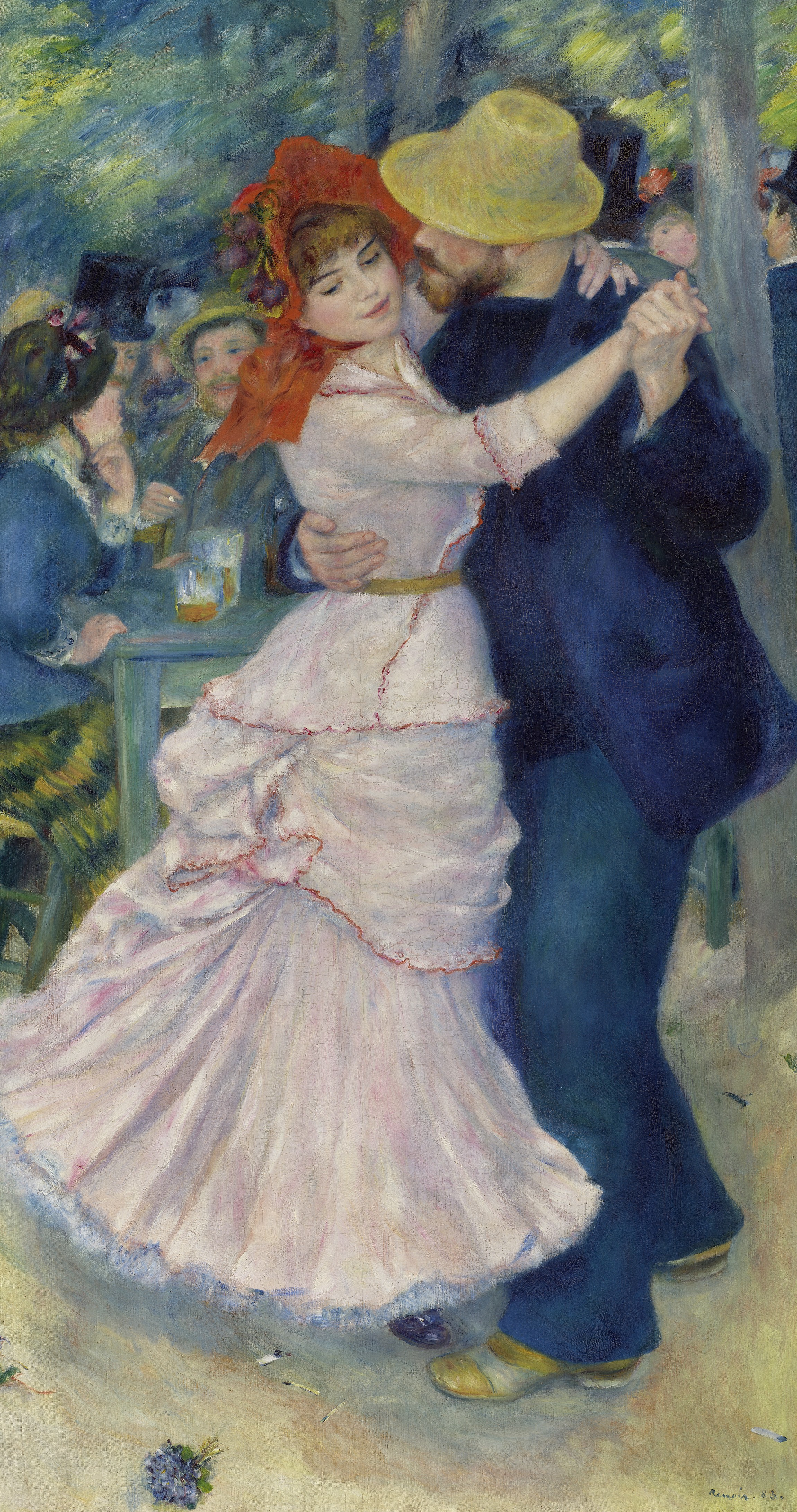 Renoir's Dance at Bougival shows a close dancing couple, the woman in a pink dress and red bonnet and the man in a straw hat.