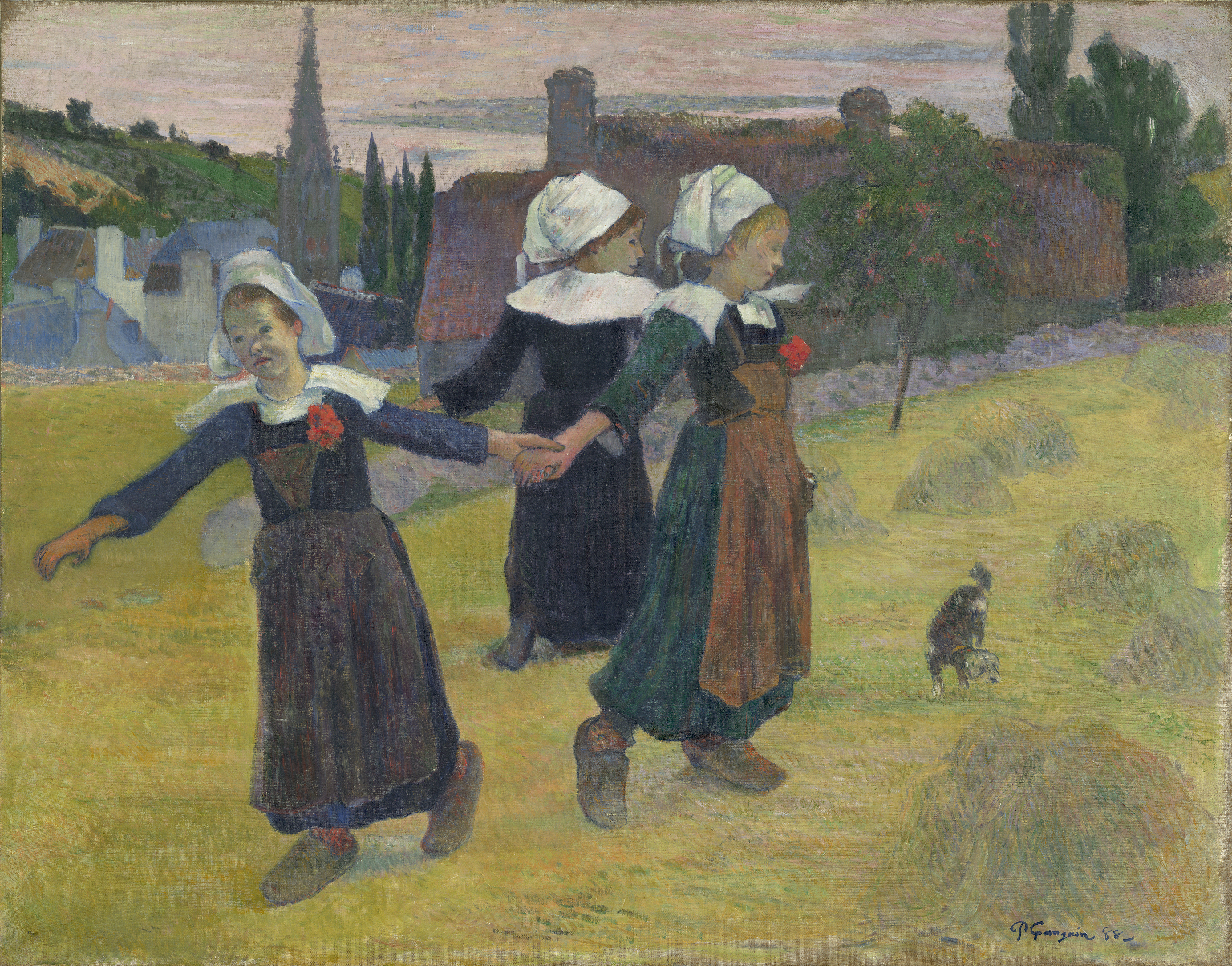 Gauguin's Breton Girls Dancing, Pont-Aven shows three girls in traditional dress holding hands in a field near a village.