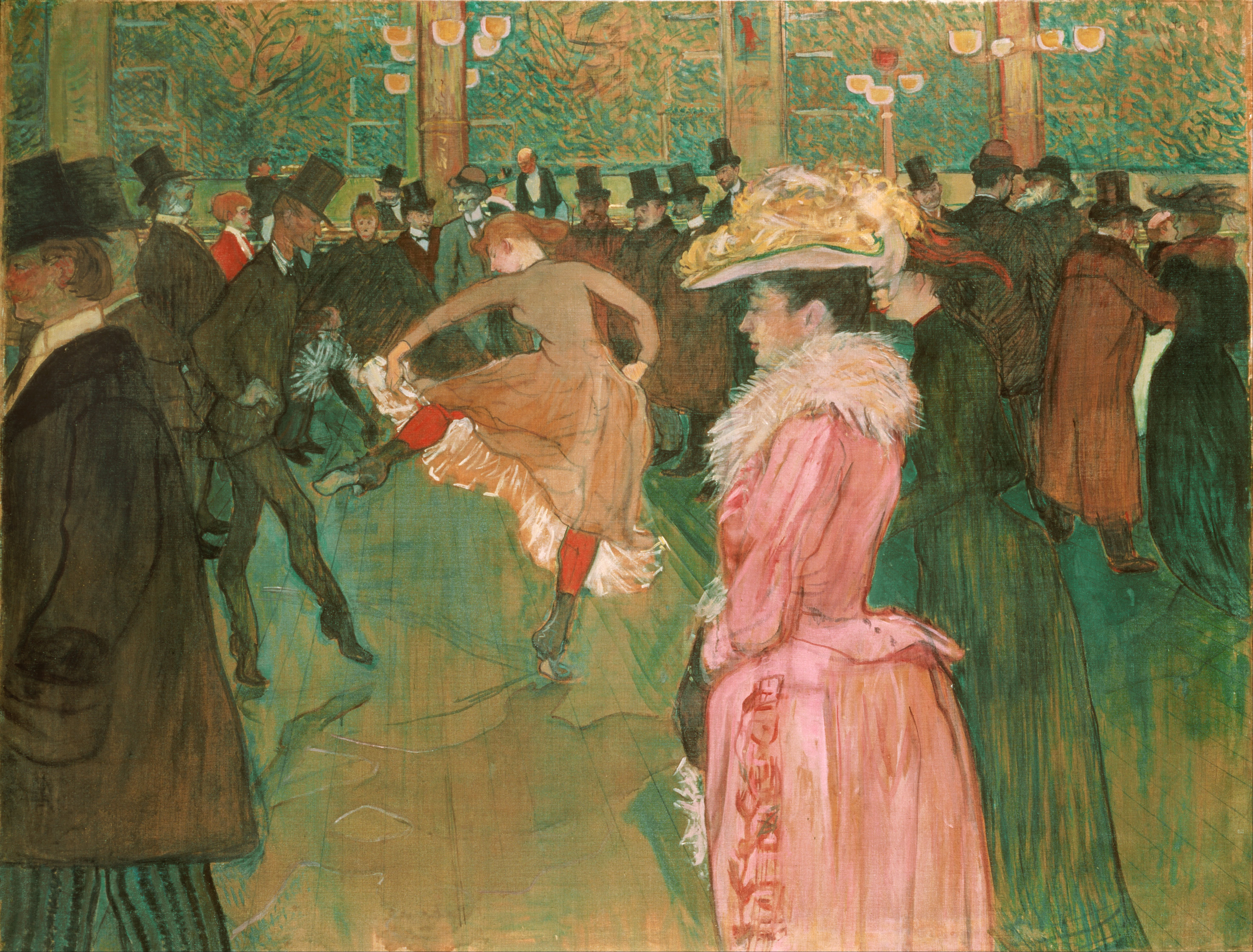 Toulouse-Lautrec's At the Moulin Rouge: The Dance shows a cancan dancer kicking before a partner amid a crowded nightclub.