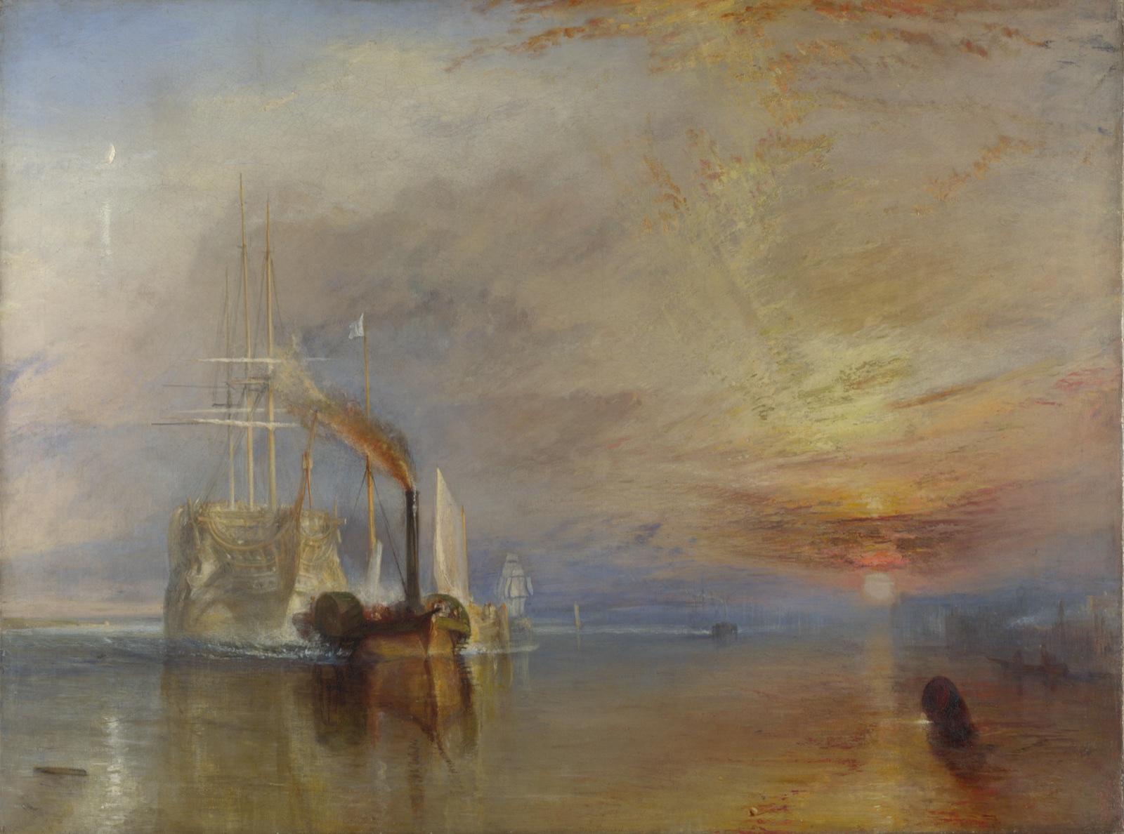 The pale warship Temeraire is towed by a dark steam tug beneath a vivid sunset