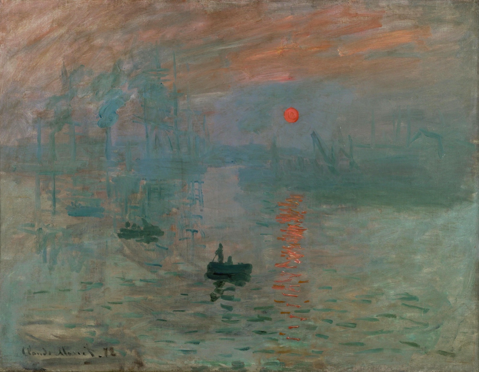 Two small boats cross a misty Le Havre harbour beneath an orange sun