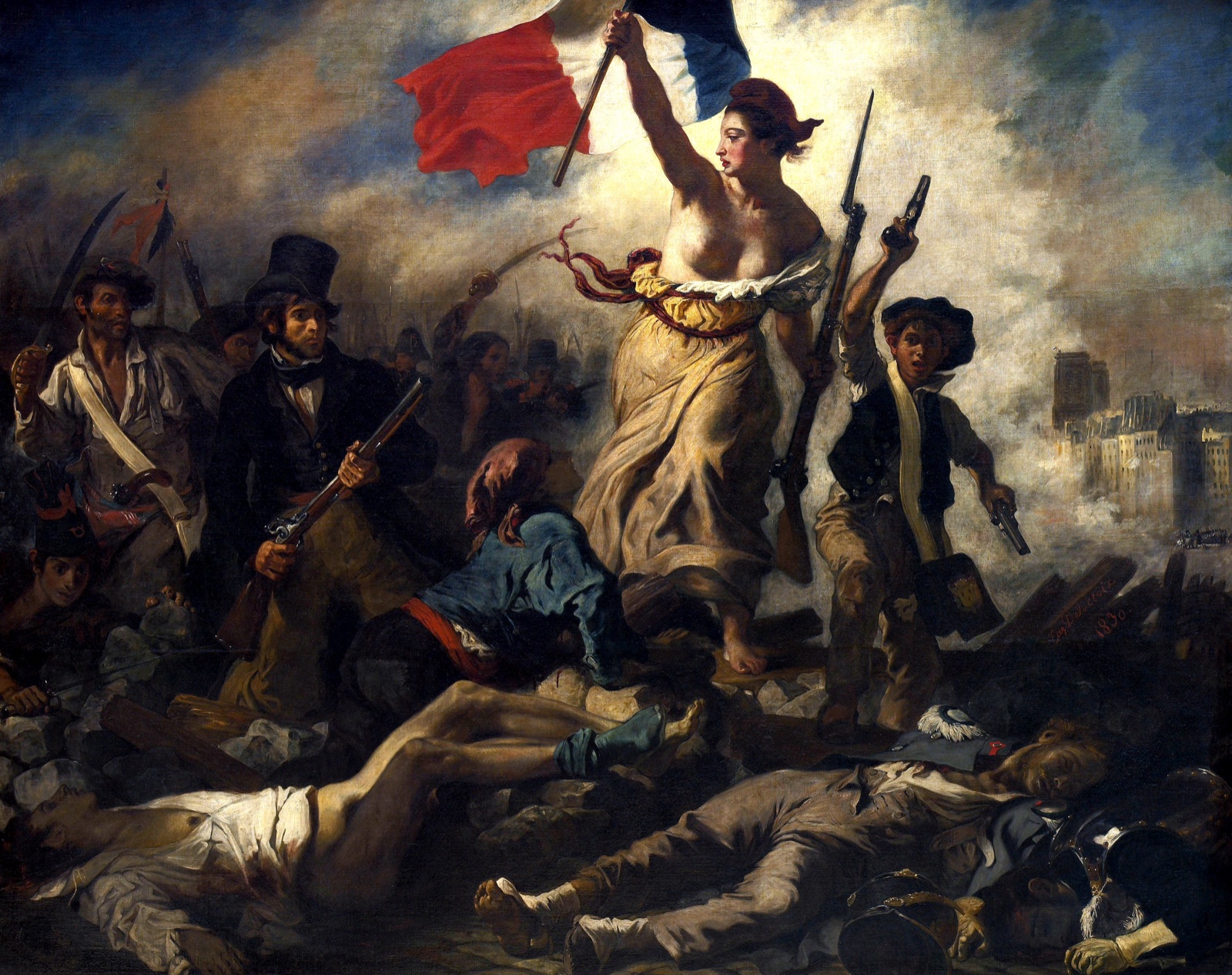 Liberty raises the French tricolour while leading armed figures over a barricade