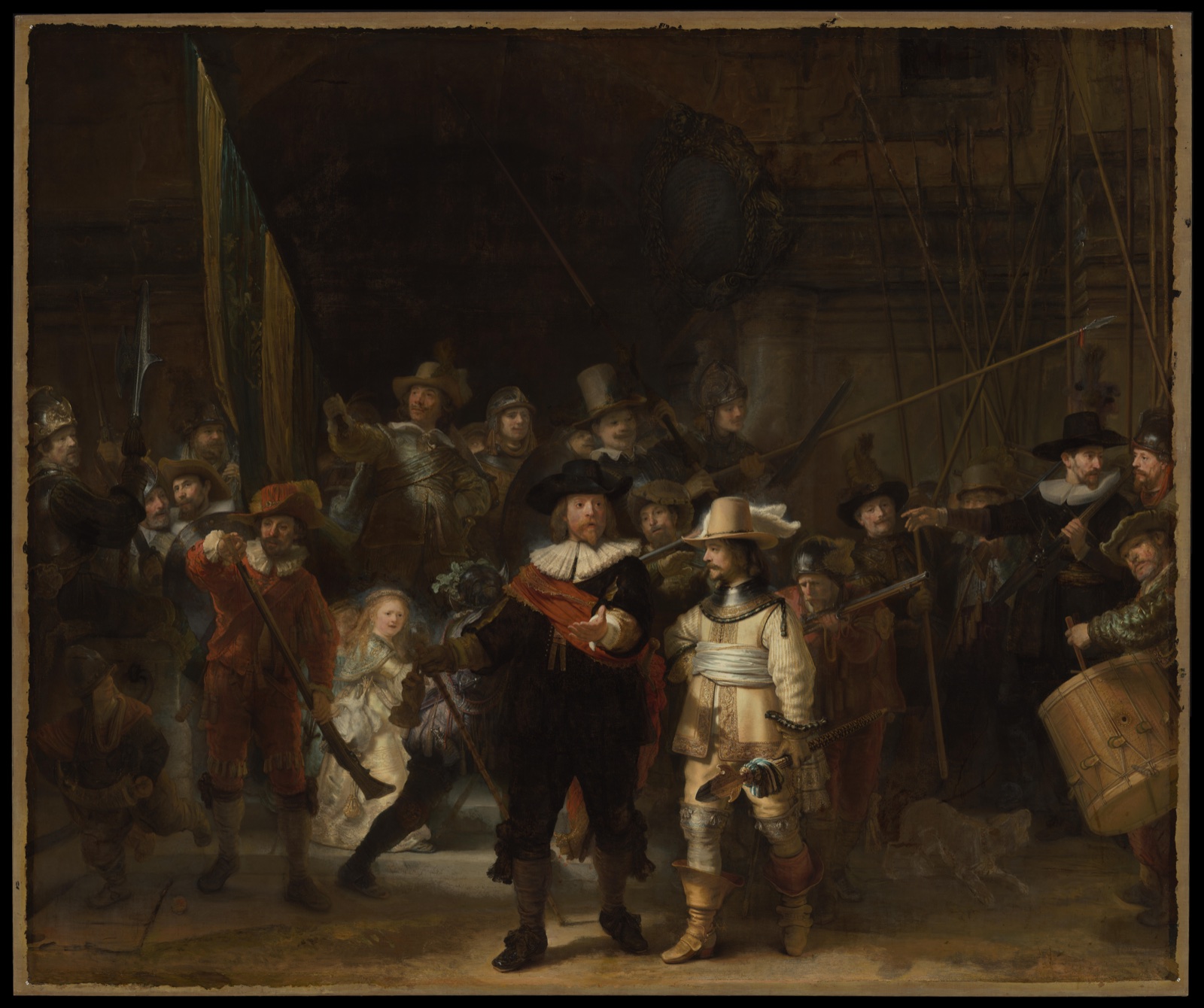Amsterdam civic guards emerge in action led by Frans Banninck Cocq and Willem van Ruytenburch