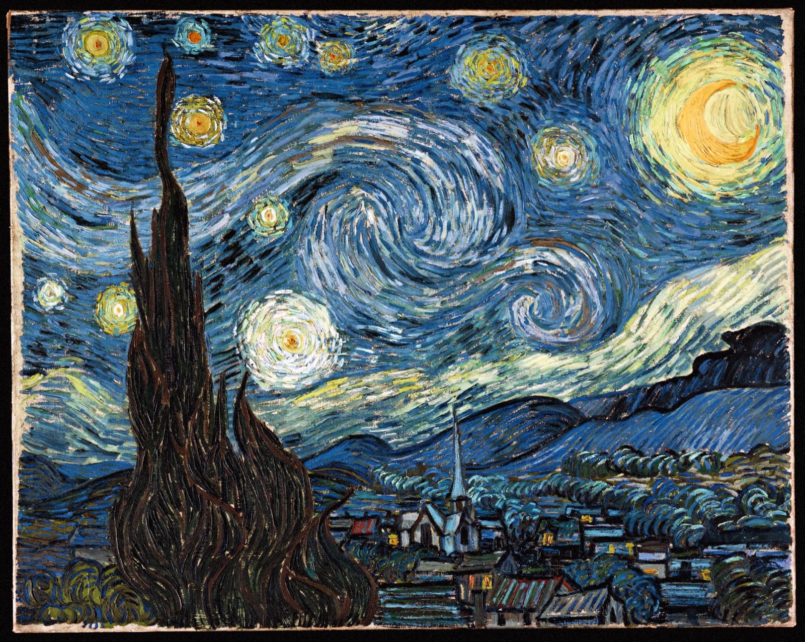 A swirling blue night sky rises above a village with a tall cypress at left