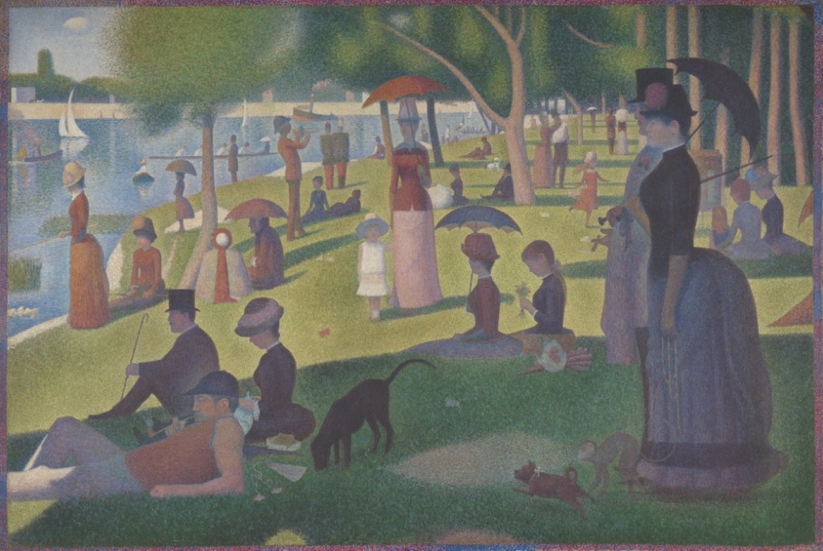 Parisians gather along the Seine in a pointillist park scene