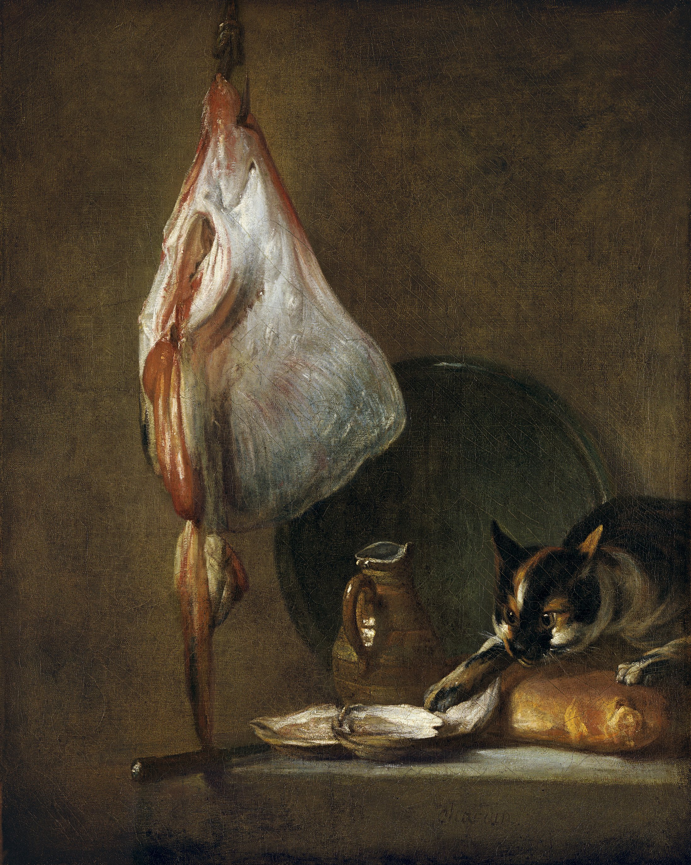 Chardin's still life shows a hanging rayfish above a laden table while a cat peers toward the food.