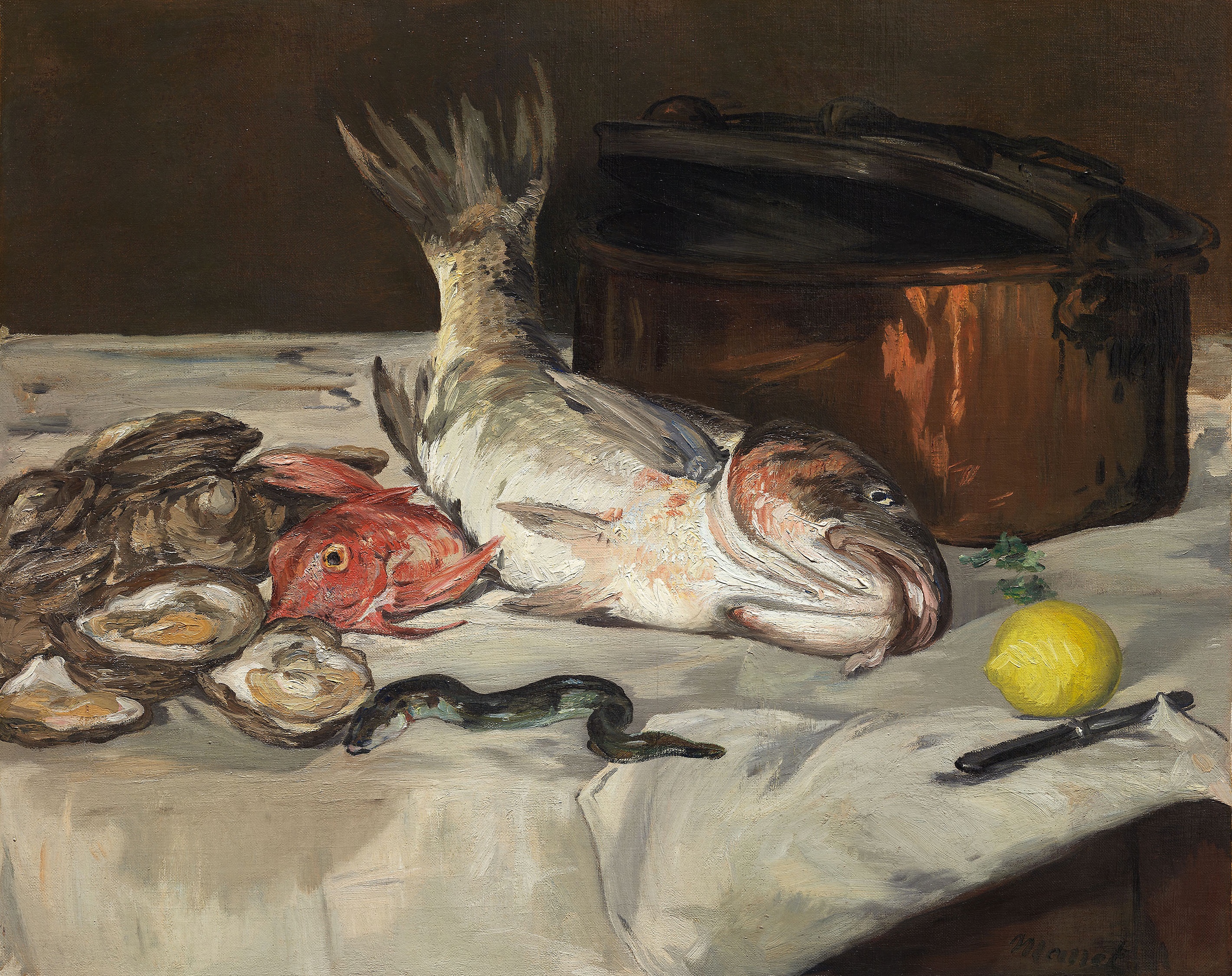 Manet's Fish Still Life places fish and oysters on a cloth beside a copper pot and ceramic vessel.