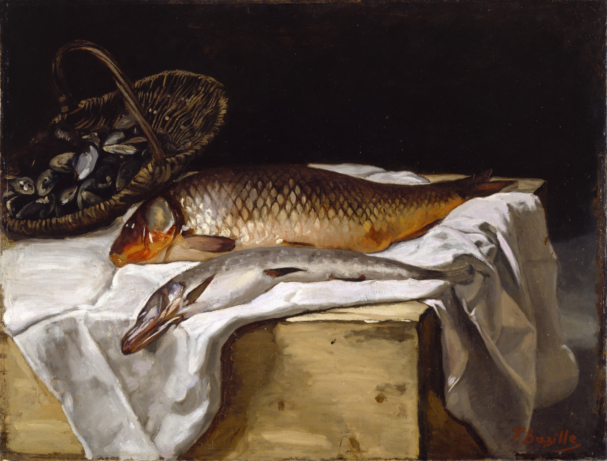 Bazille's still life shows two fish on a white cloth beside a wicker basket and dark vessels.