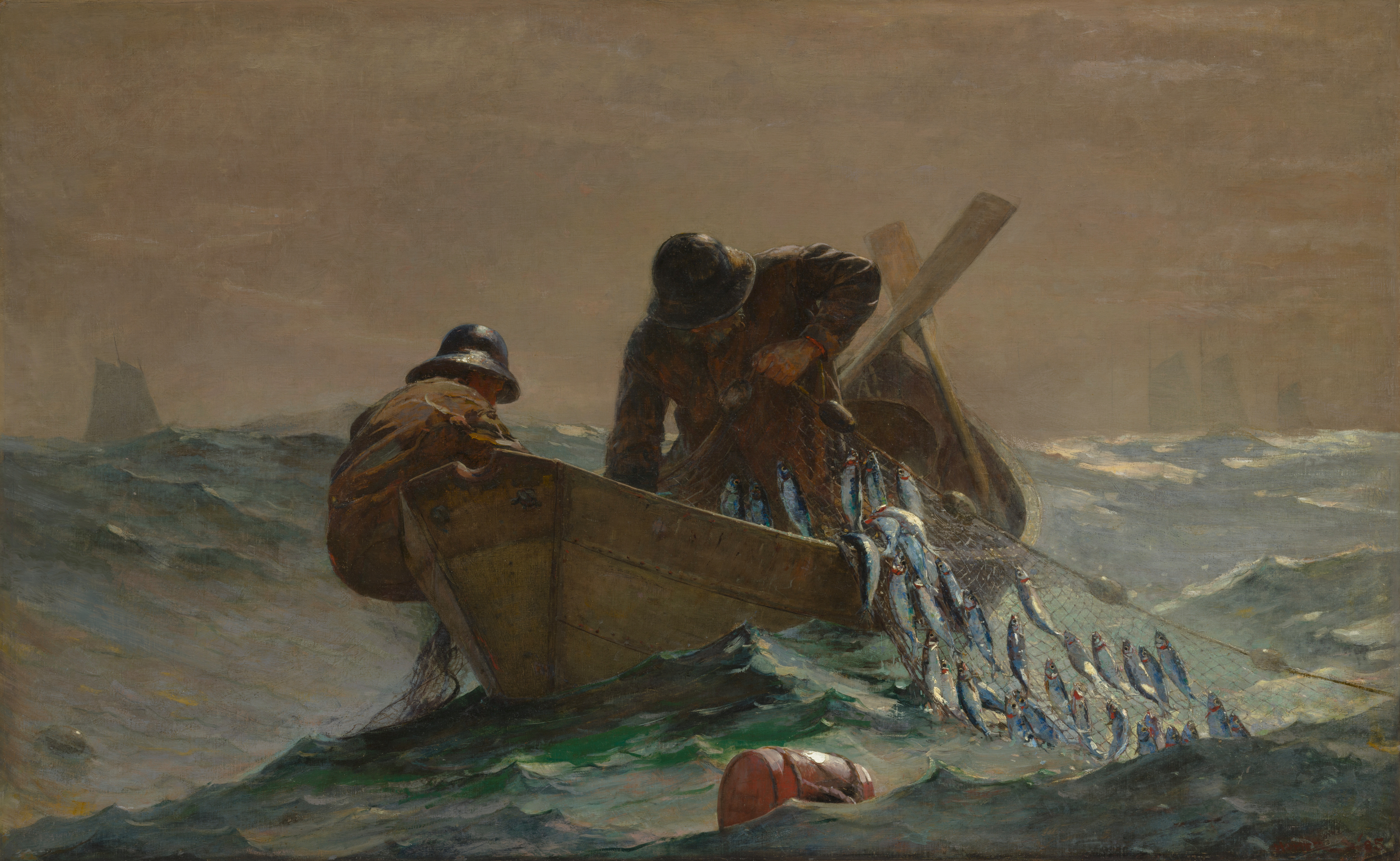 Two fishermen in a small boat haul a herring net heavy with fish in Winslow Homer's painting.