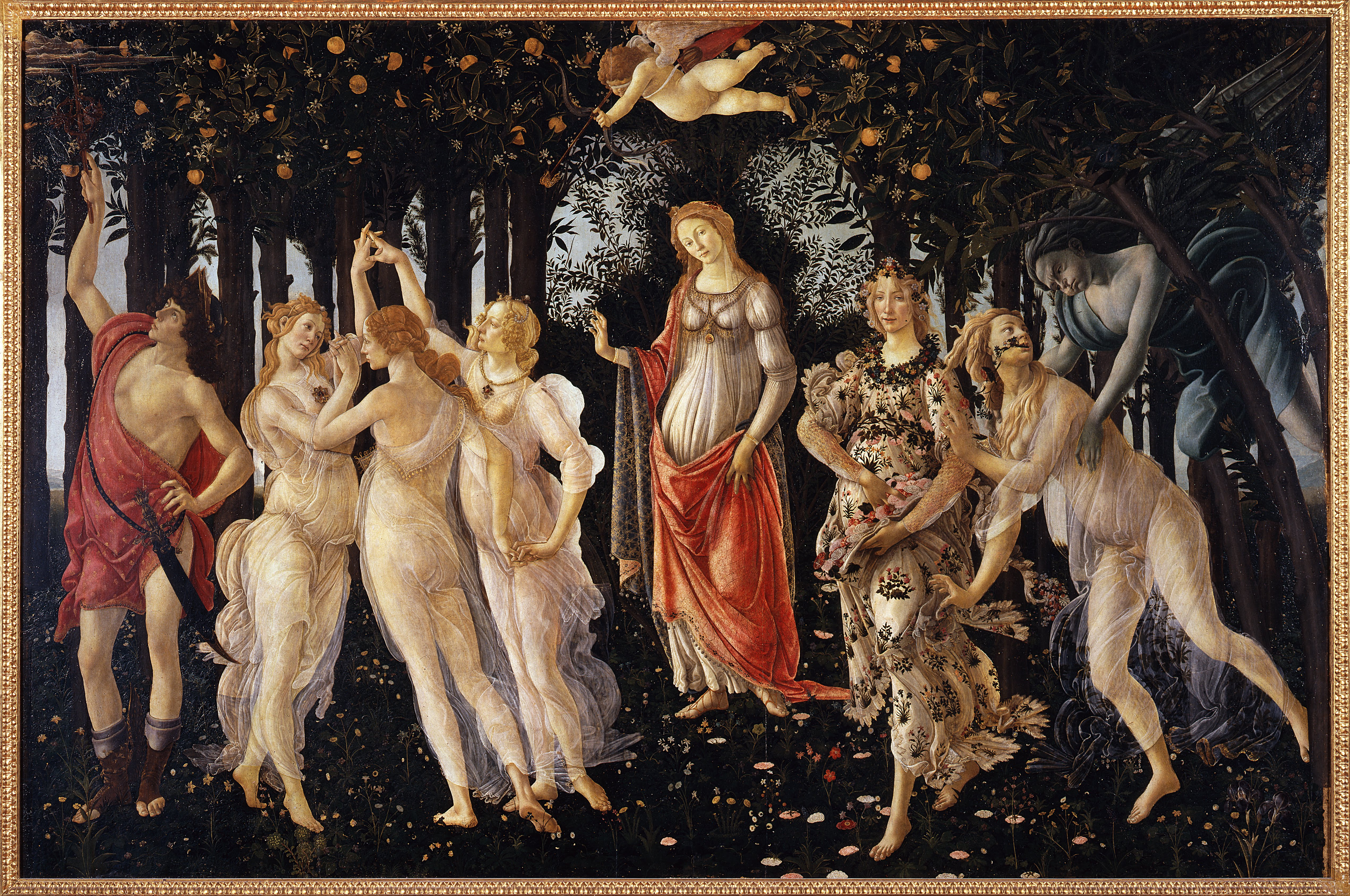 Botticelli's Primavera shows mythological figures crossing a flower-filled grove beneath orange trees.