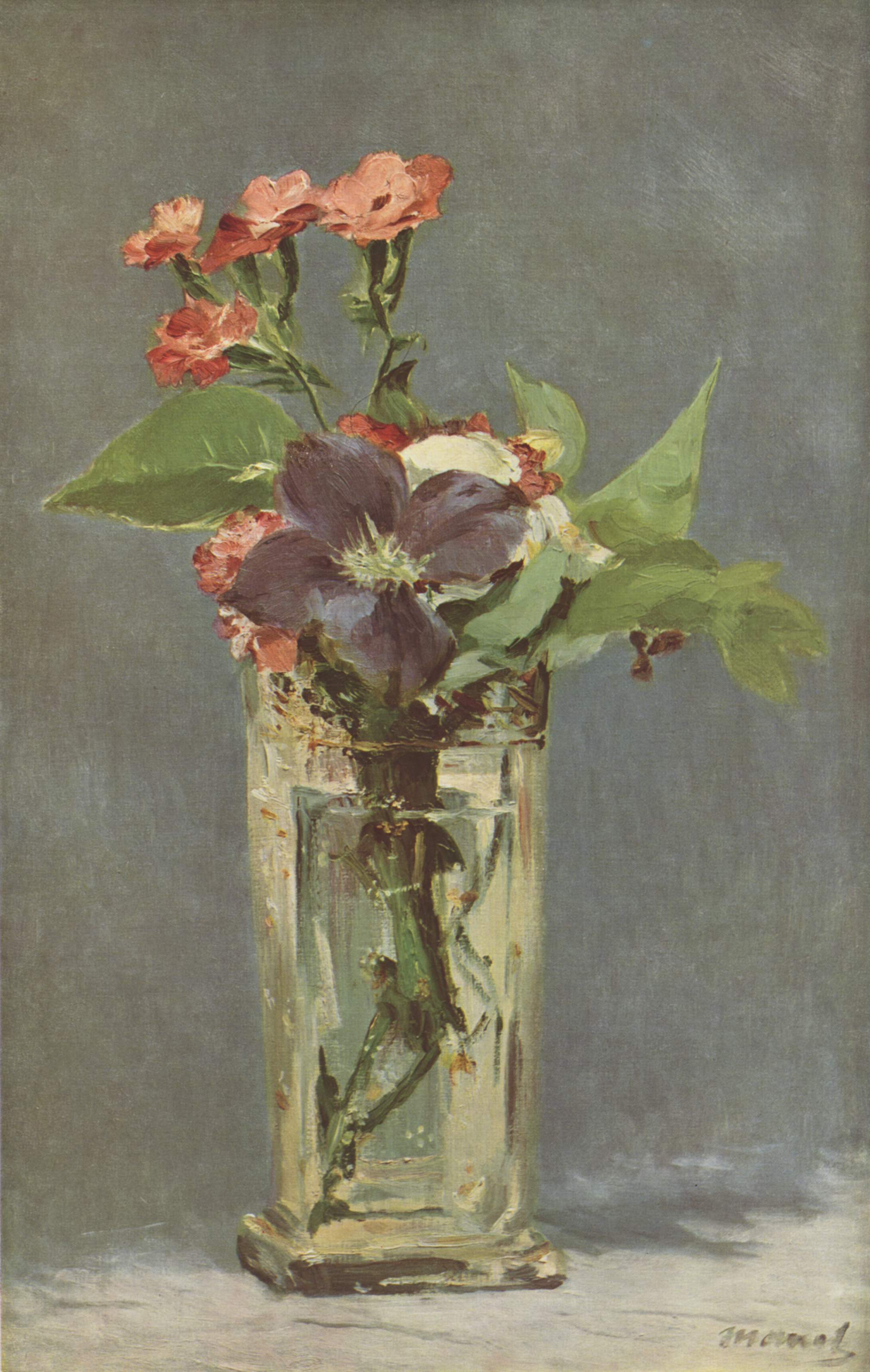 White carnations and purple clematis lean from a clear glass vase in Manet's compact flower painting.