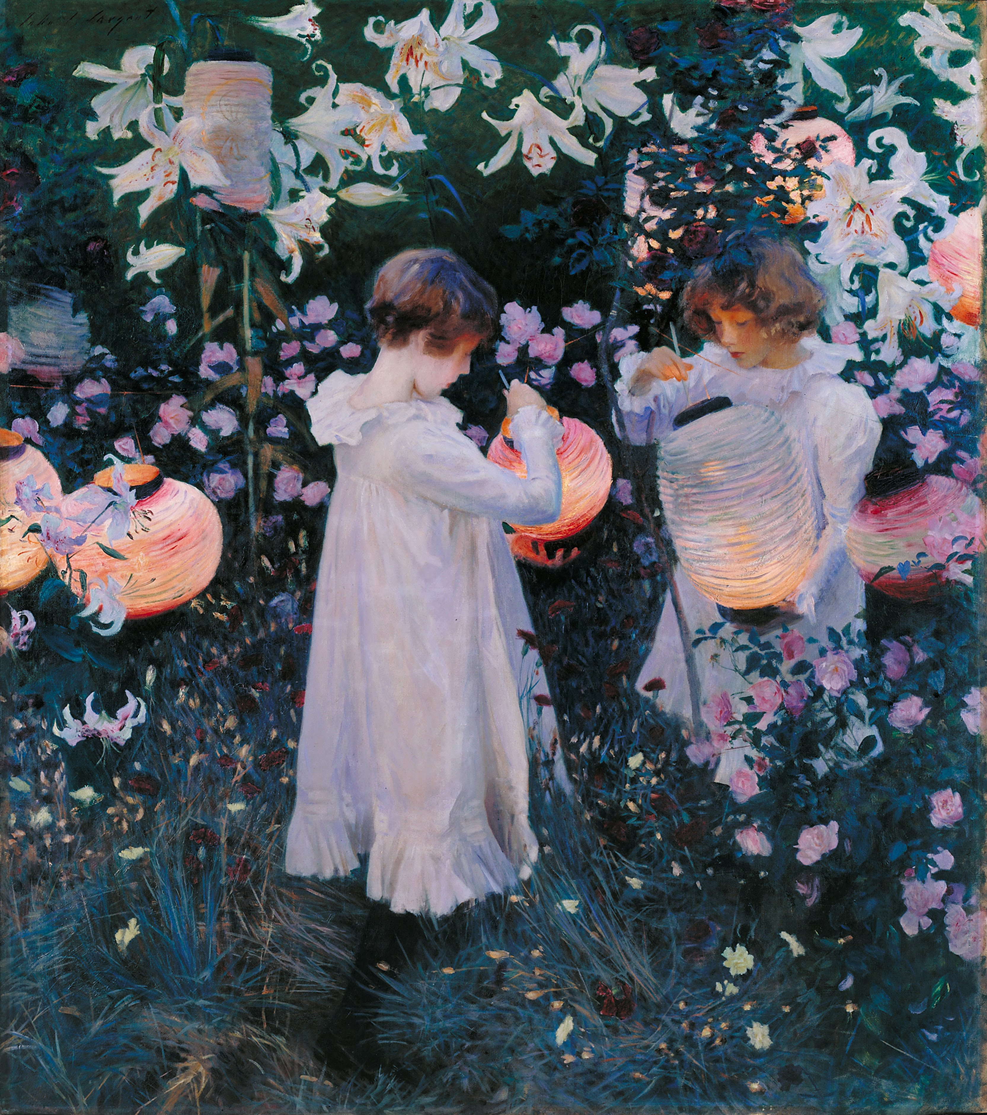 Two girls in white dresses light paper lanterns among tall lilies and pink flowers in Sargent's twilight garden.