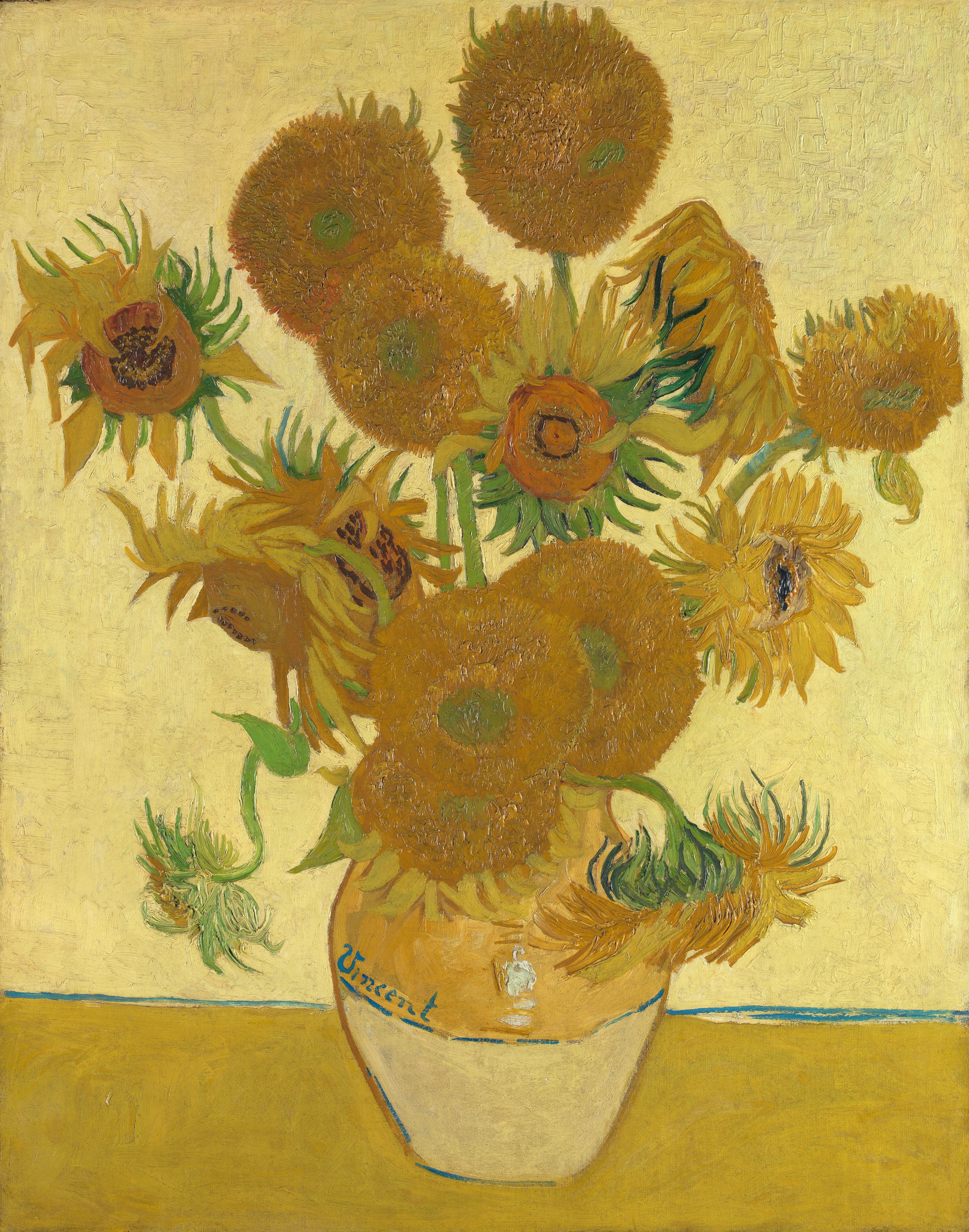 Yellow sunflowers at different stages of bloom fill a yellow vase against a yellow ground in Van Gogh's painting.