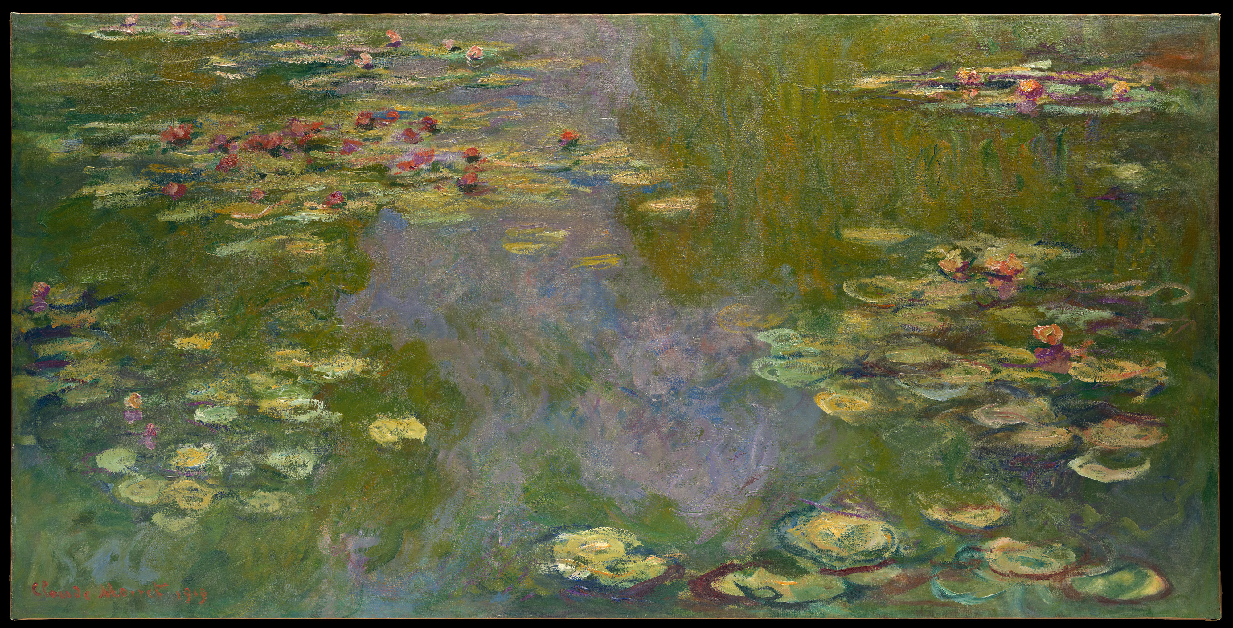 Blue and violet water lilies drift across reflections and green foliage in Claude Monet's wide 1919 canvas.
