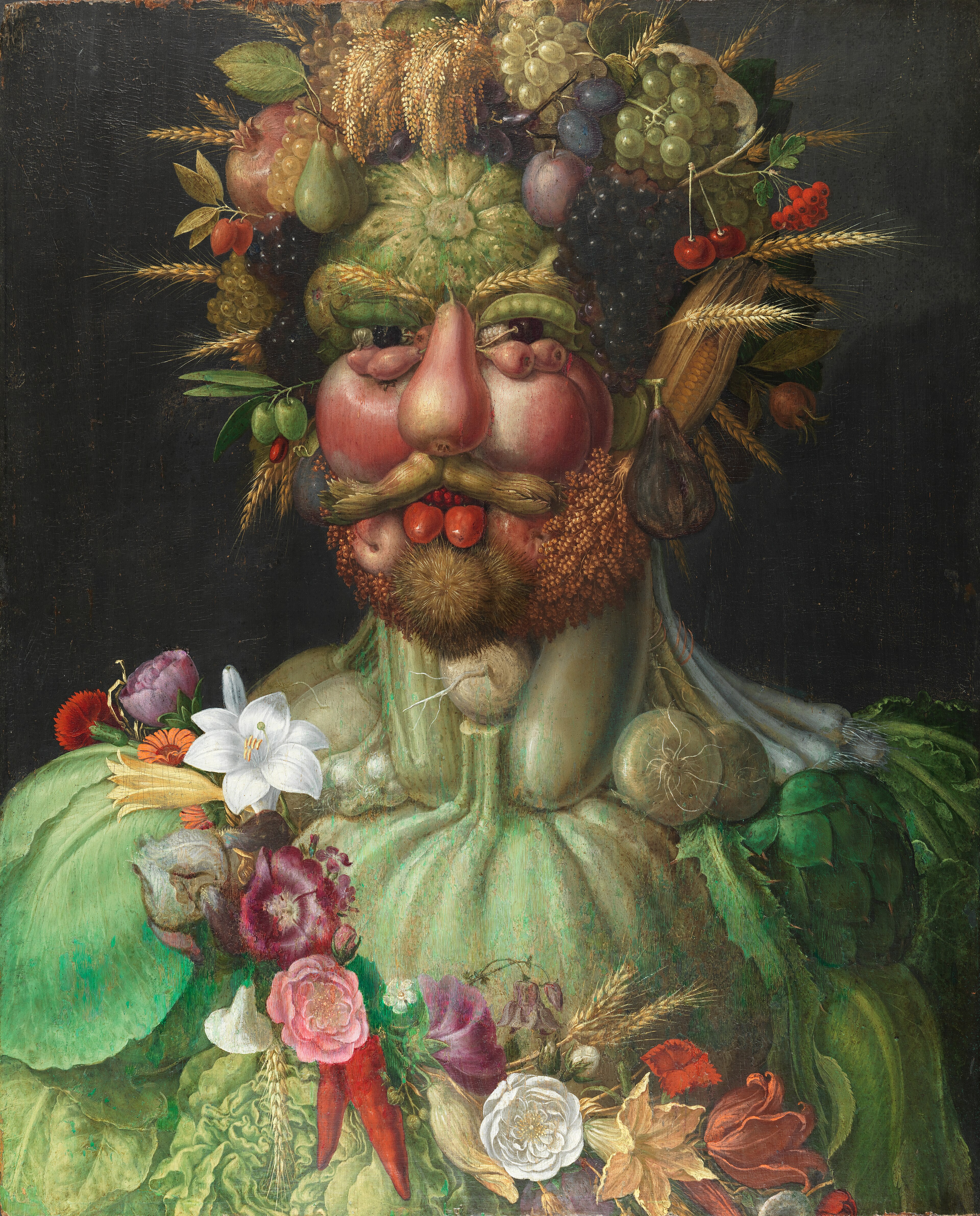 Arcimboldo's portrait of Rudolf II as Vertumnus, with his face and costume assembled from fruit, vegetables, flowers and grain.