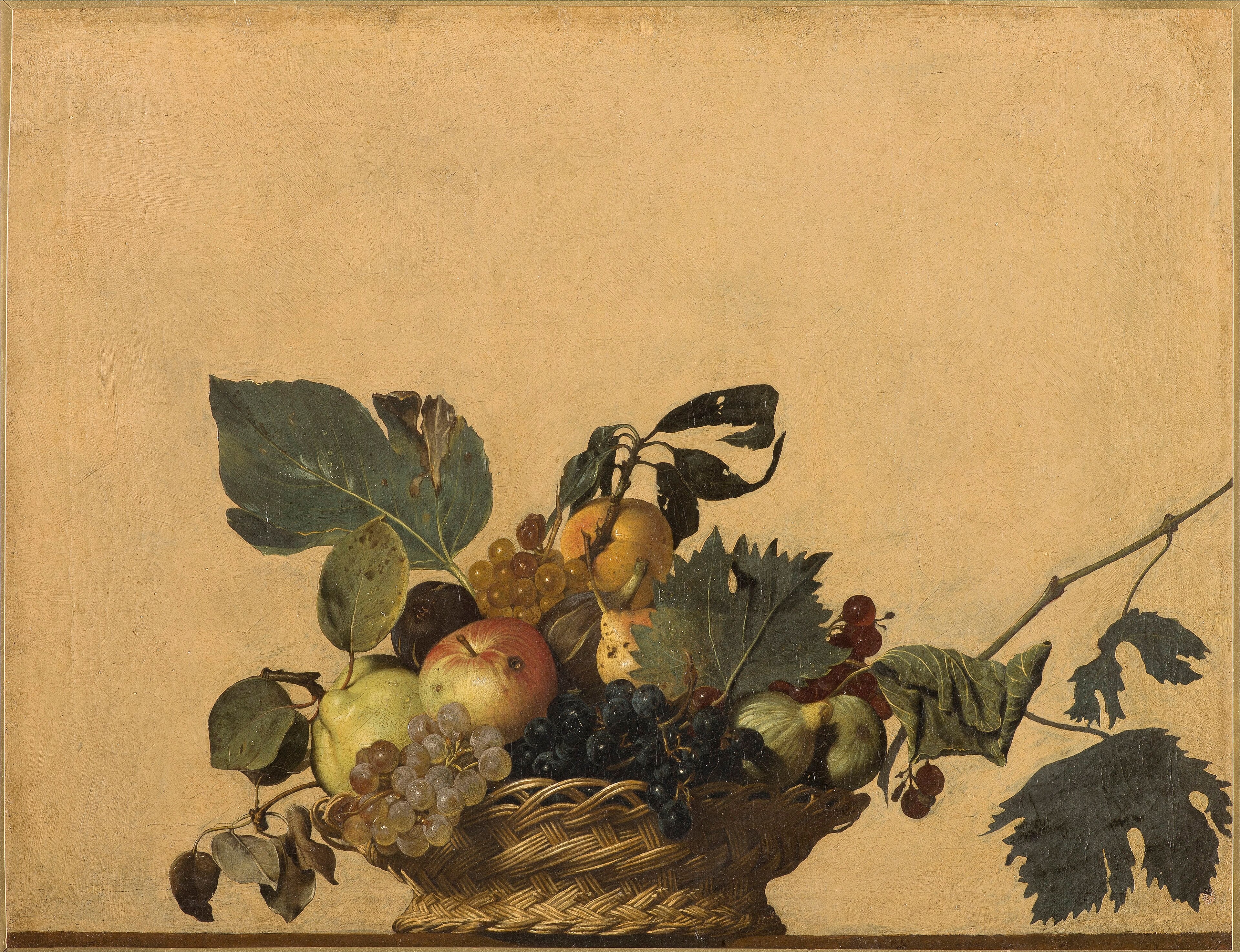 Caravaggio's wicker basket filled with apples, grapes, figs and leaves against a pale background.