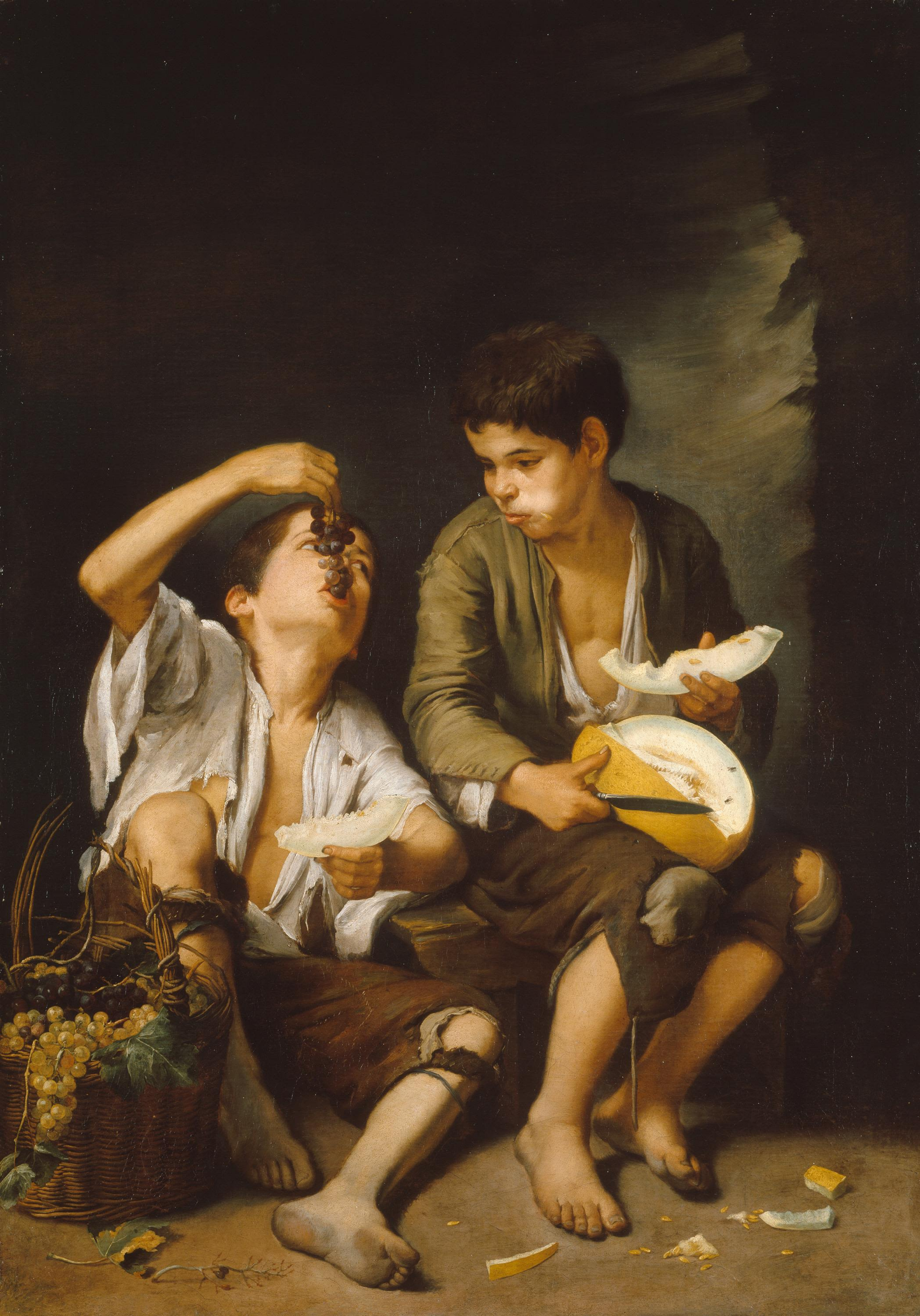 Two seated boys eat grapes and slices of melon beside a fruit basket in Murillo's Grape and Melon Eaters.