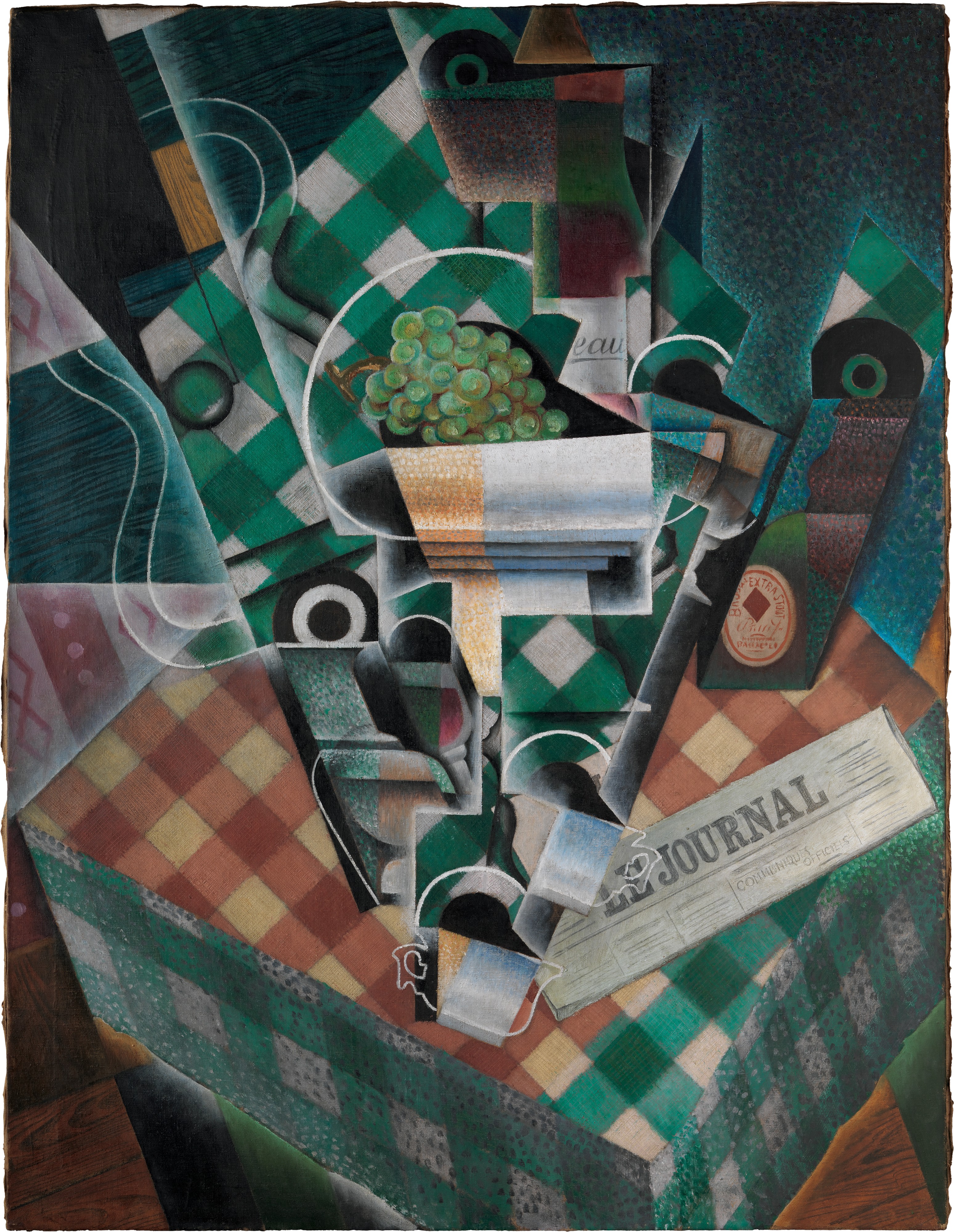 Gris's Cubist tabletop of grapes, bottles, cups, guitar and newspaper arranged across green and checked cloths.