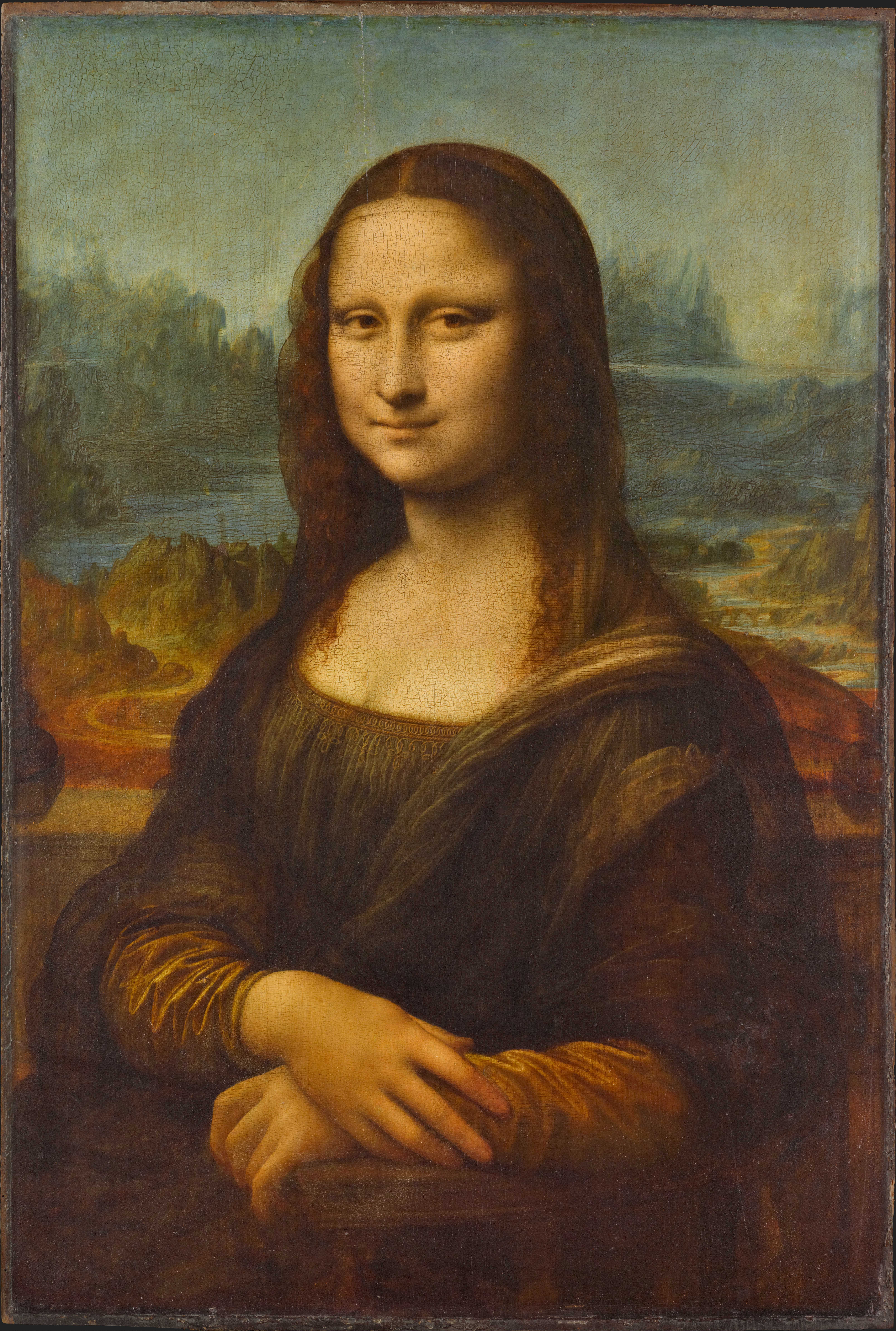 Leonardo da Vinci's Mona Lisa, a seated woman with folded hands before a hazy landscape.