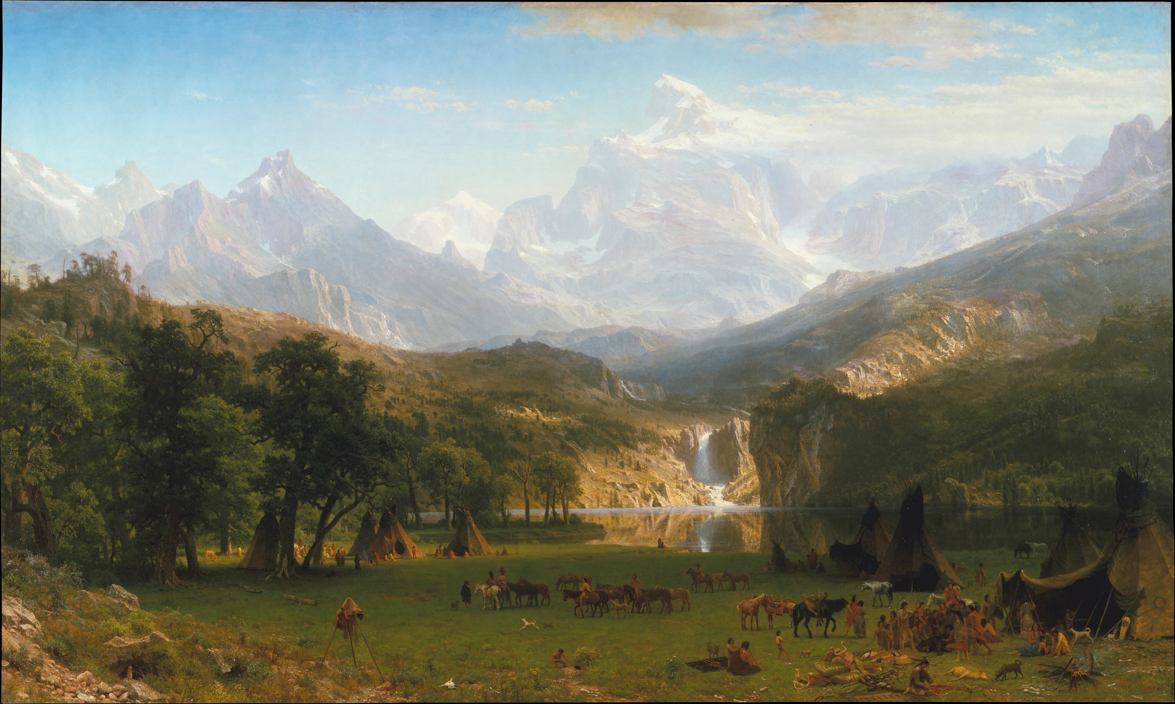 Bierstadt's panoramic Rocky Mountains landscape with Lander's Peak, a waterfall and a Shoshone encampment in the foreground.