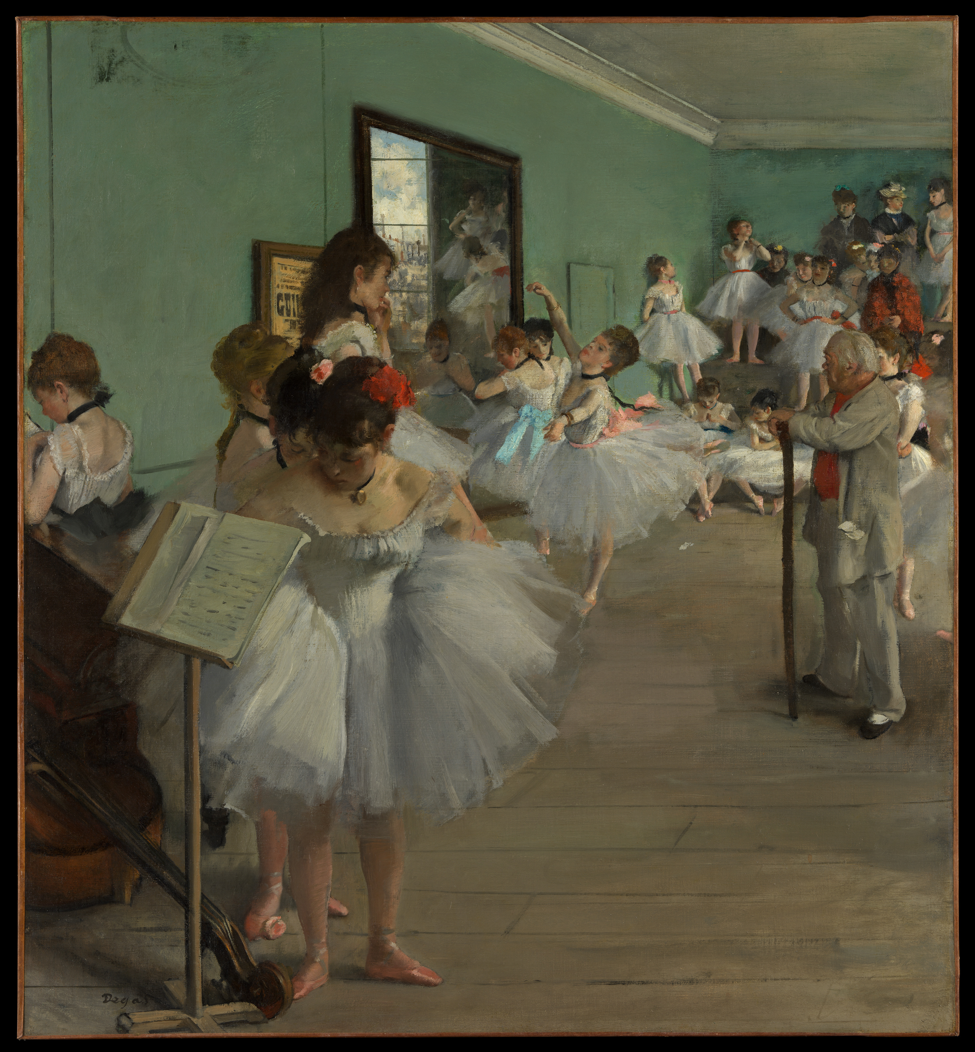 Degas's dance class with ballerinas rehearsing while their mothers watch and a ballet master stands at right.