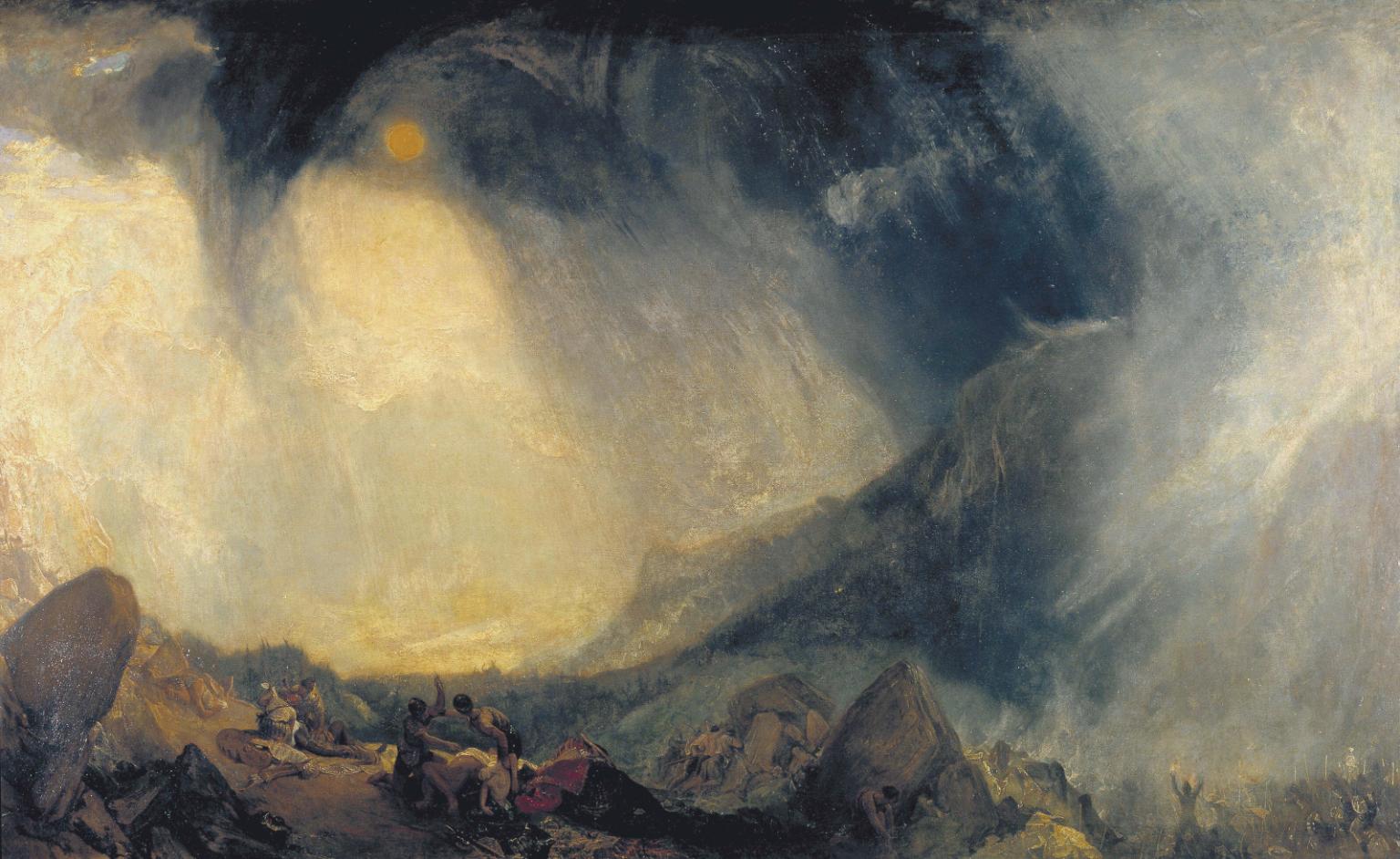Turner's Snow Storm: Hannibal and his Army Crossing the Alps shows a dark vortex of cloud and snow overwhelming scattered soldiers beneath a weak sun.