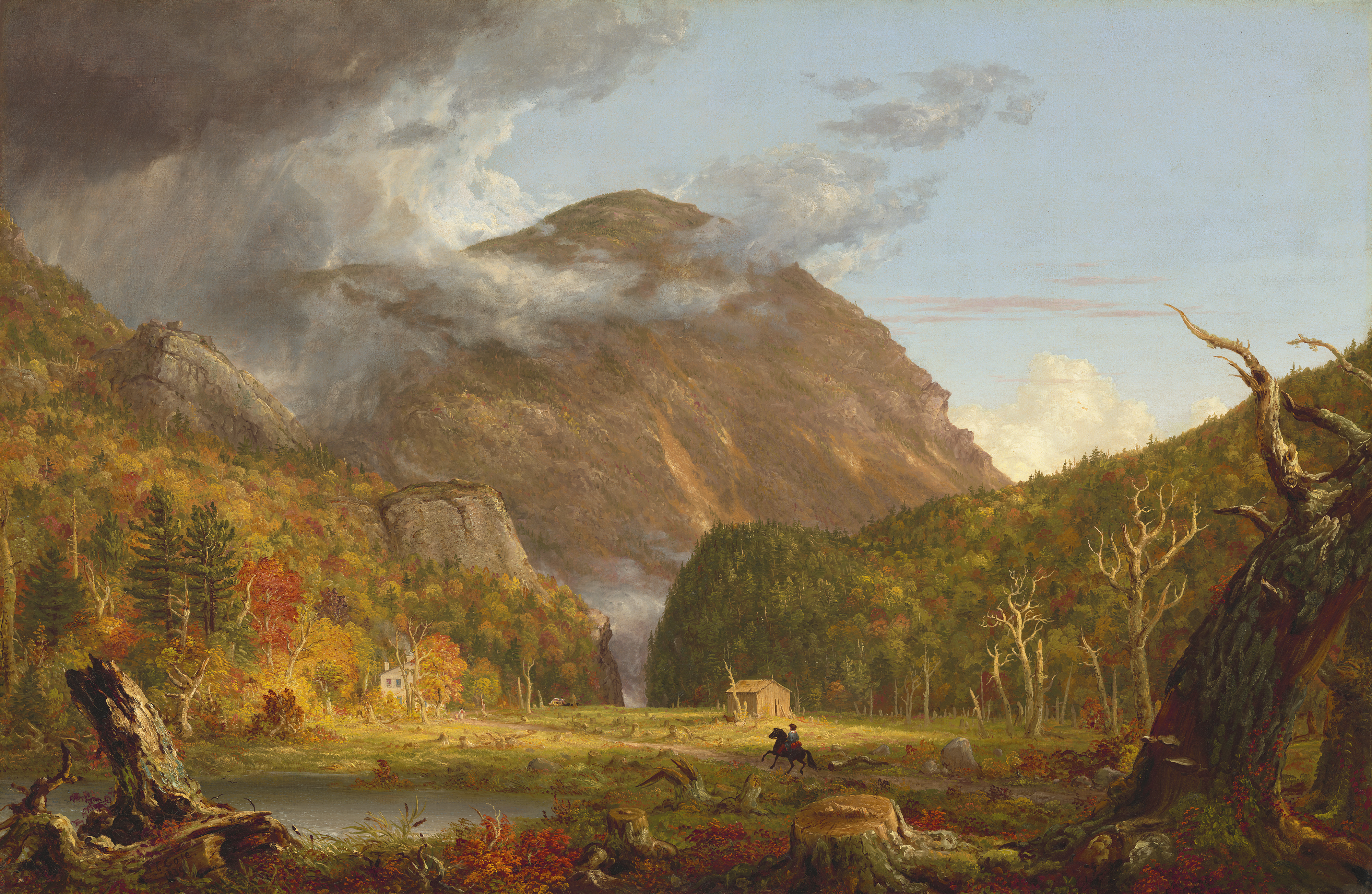 Thomas Cole's Crawford Notch painting shows a storm entering a bright mountain pass above tiny riders, buildings and autumn woods.