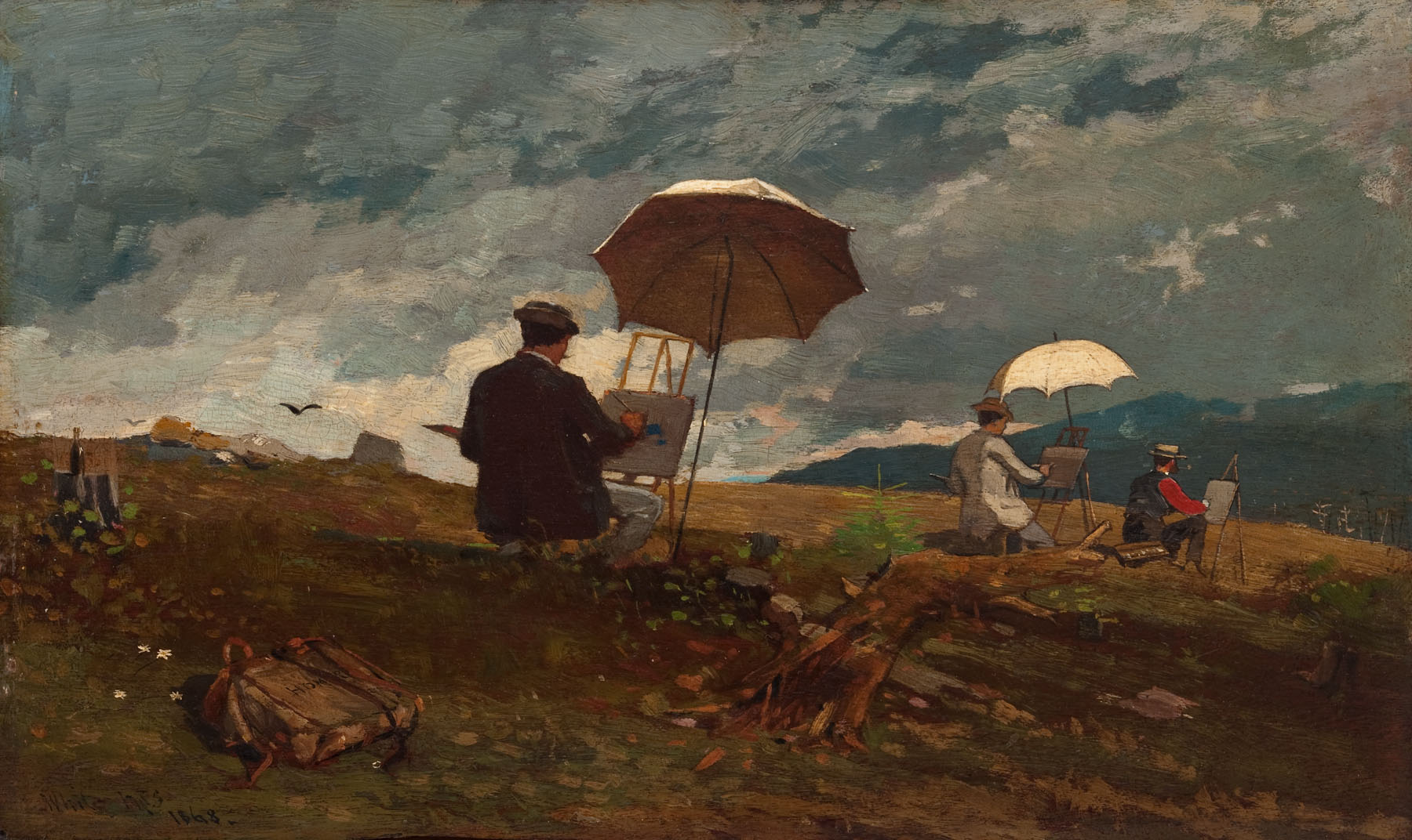Homer's Artists Sketching in the White Mountains shows three painters working at easels beneath umbrellas on a ridge before distant mountains.
