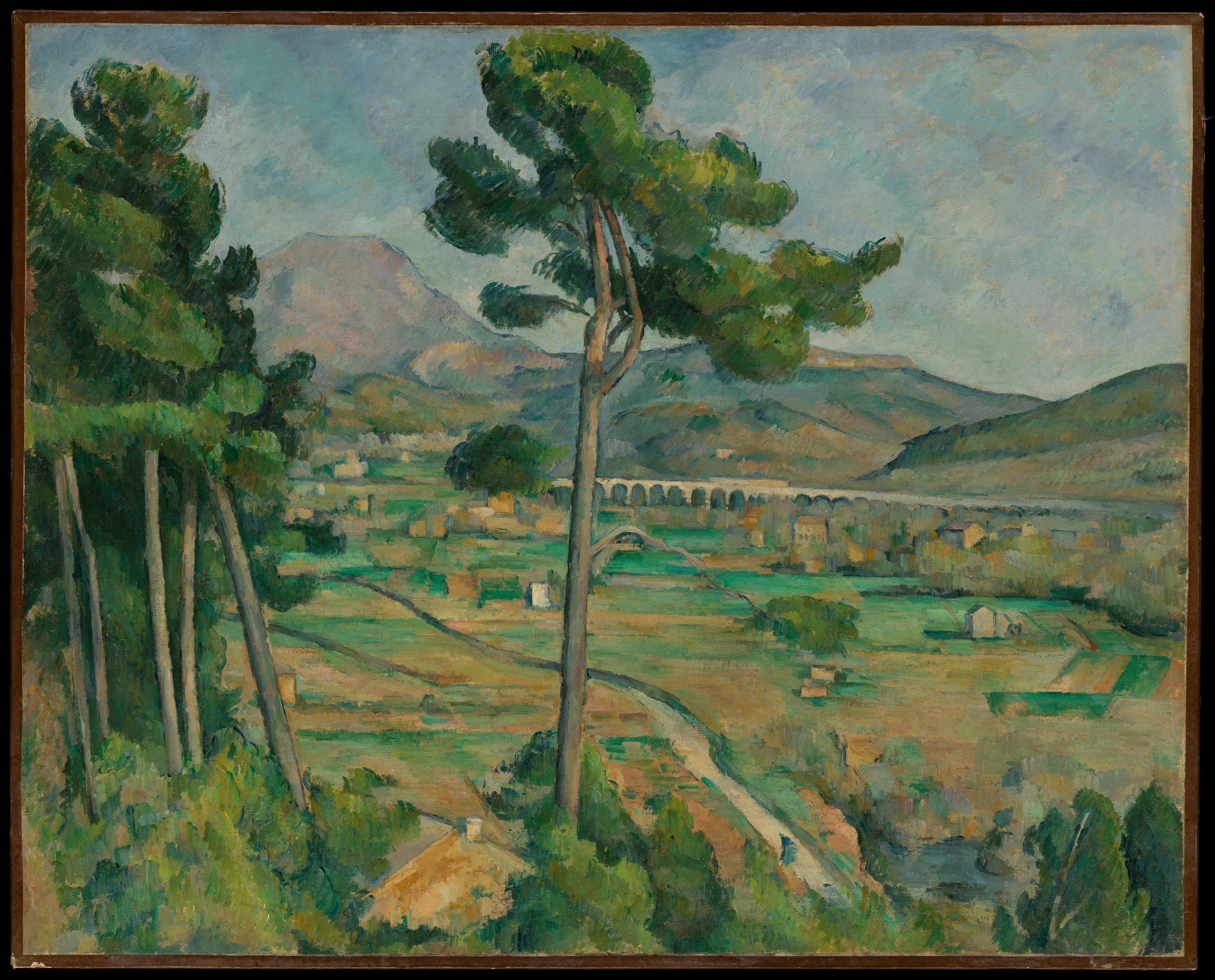 Cézanne's Mont Sainte-Victoire and the Viaduct of the Arc River Valley frames the mountain with pine trees above fields, roads and a long railway viaduct.