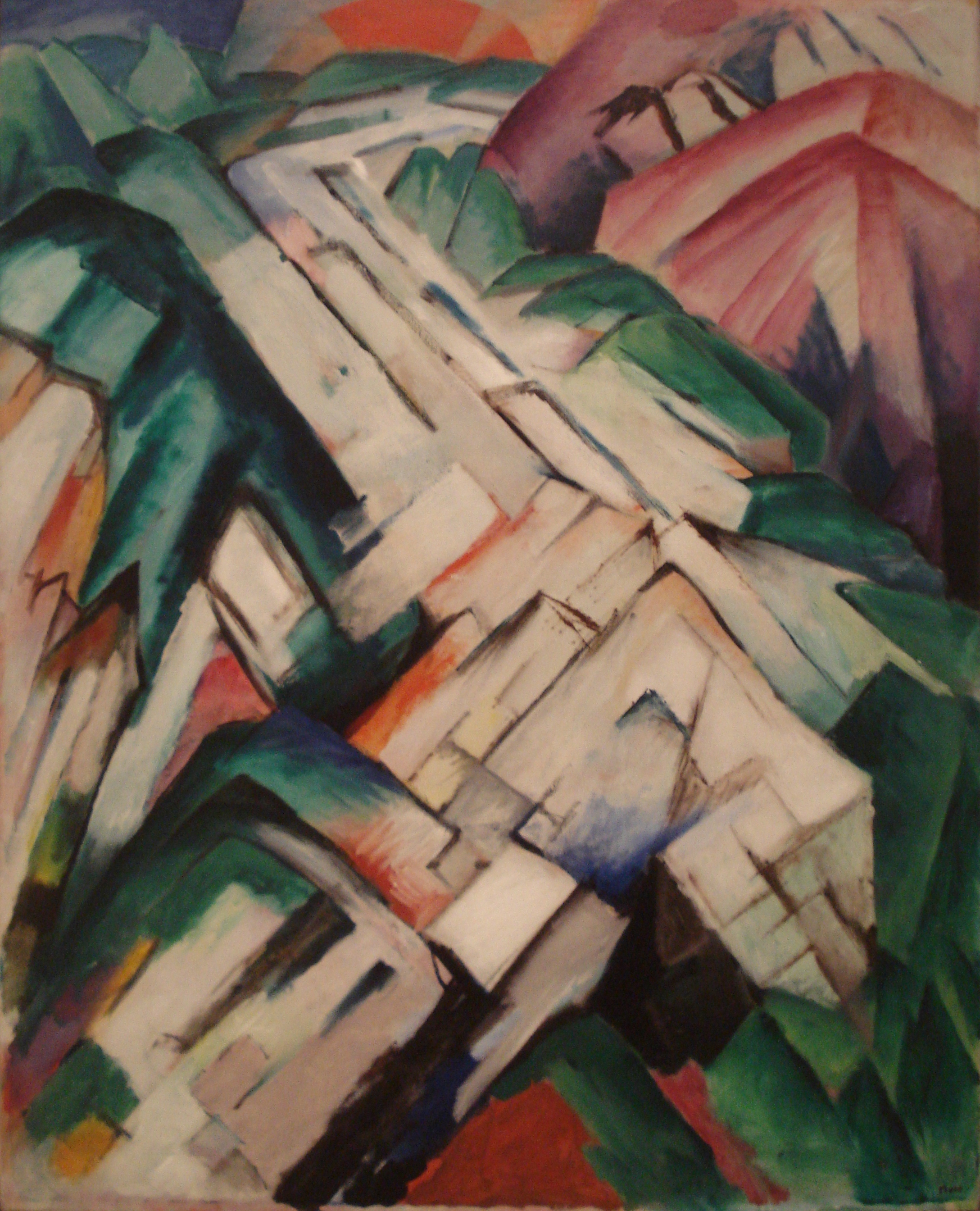 Franz Marc's Stony Path turns a steep mountain route into interlocking white, green, rose and violet planes beneath an orange sun.