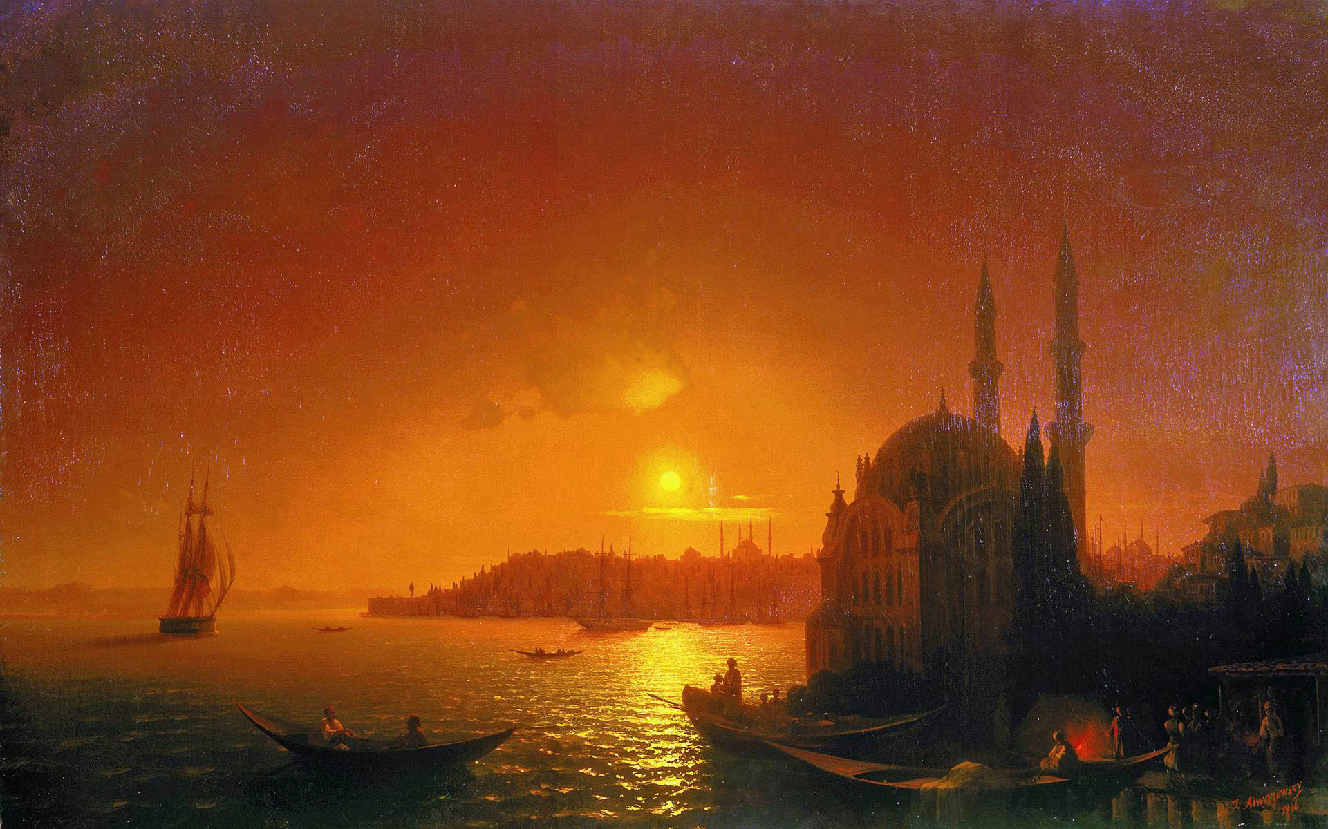 Aivazovsky's A View of Constantinople by Moonlight shows a glowing moon over the city and water, with domes, minarets, sailing vessels and figures along the shore.