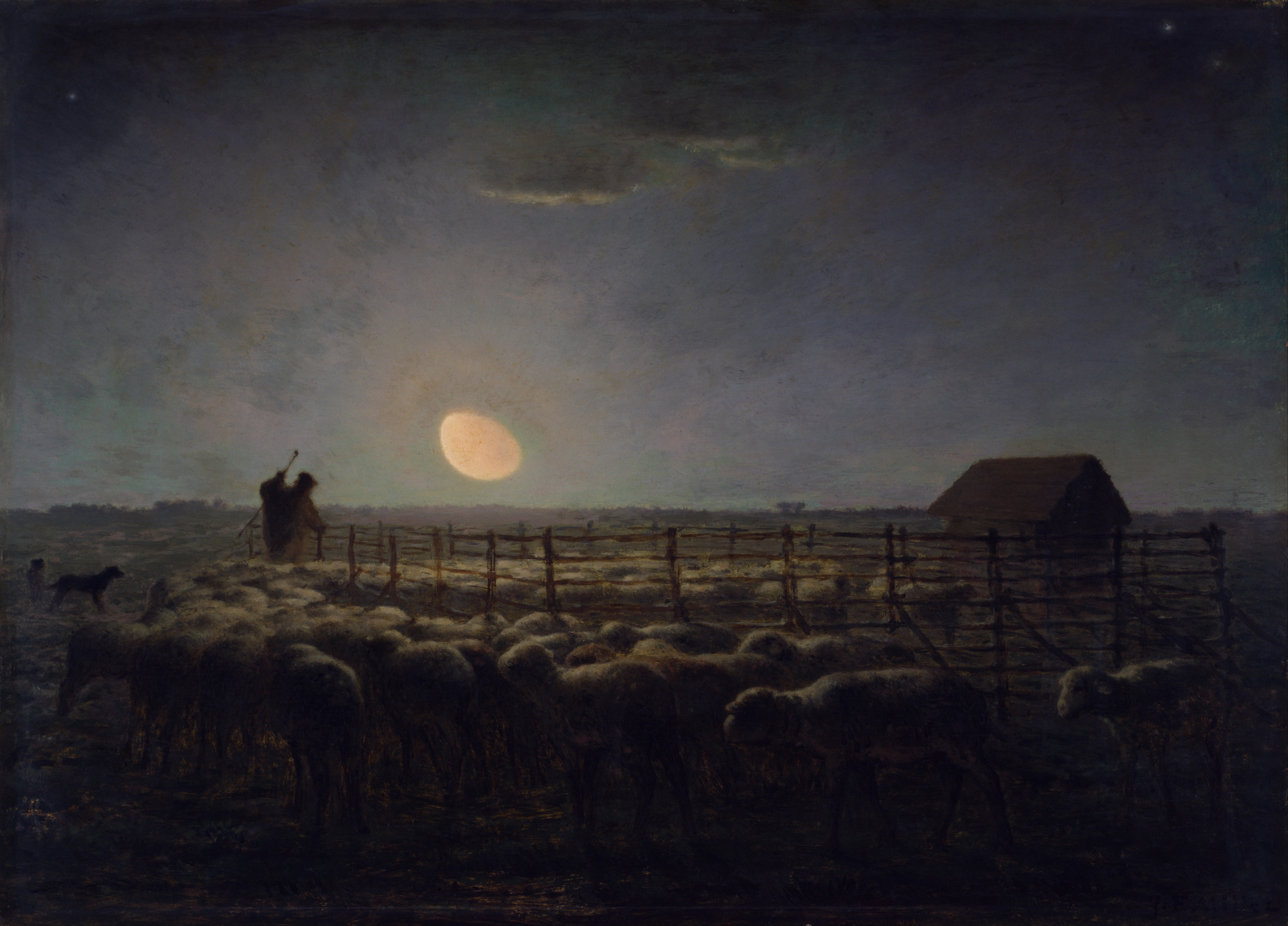 Millet's The Sheepfold, Moonlight shows a shepherd and dog beside a fenced flock under a low moon, with a dark shed at right.