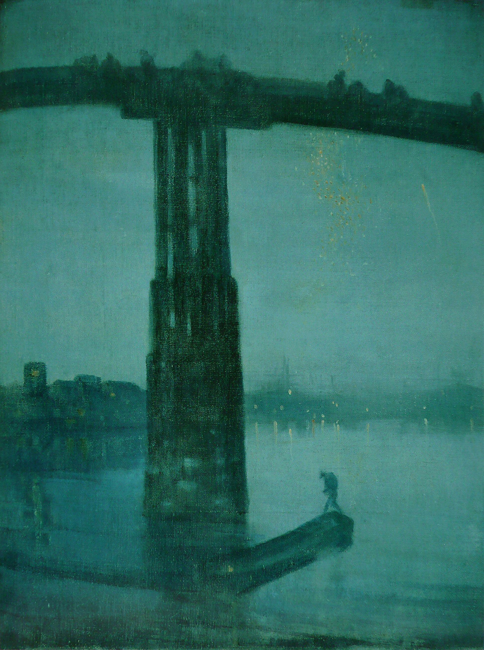 Whistler's Nocturne: Blue and Gold—Old Battersea Bridge shows the dark bridge rising across a blue-green river scene, with distant lights and fireworks.