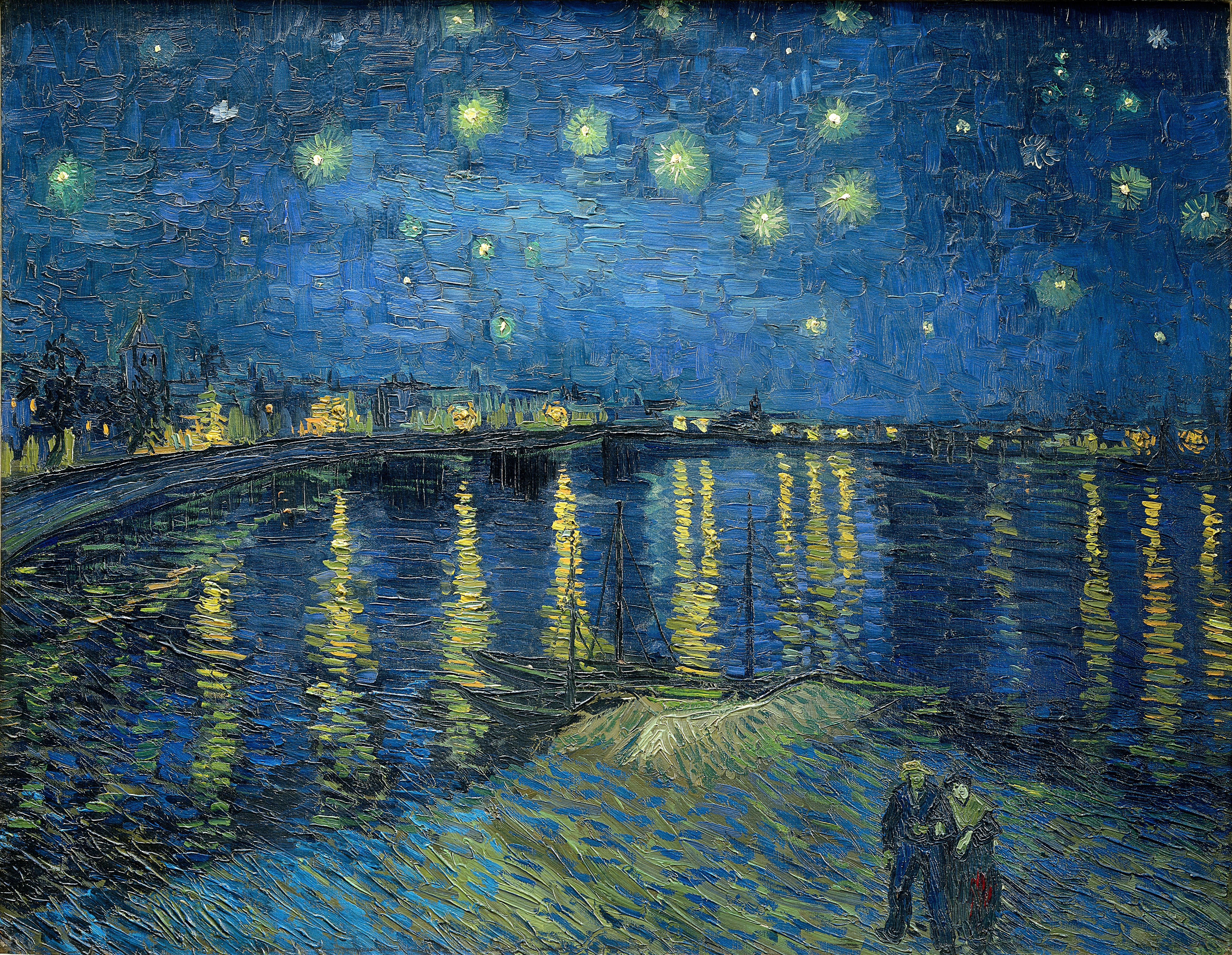 Van Gogh's Starry Night over the Rhône shows yellow stars and gas lamps reflected across deep blue water, with a couple standing in the foreground.