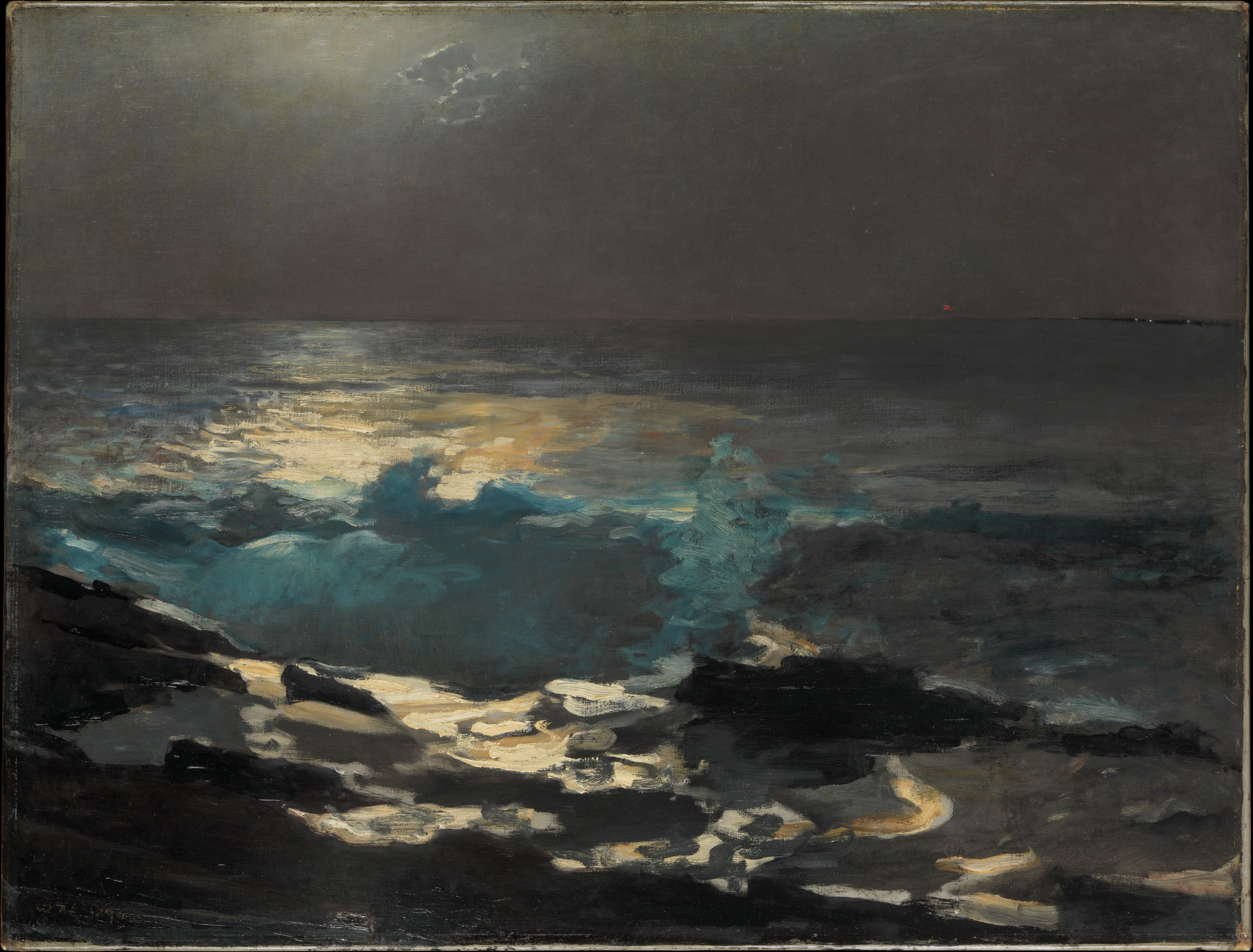 Homer's Moonlight, Wood Island Light shows moonlight breaking through clouds and glinting on waves that strike a dark rocky shore.