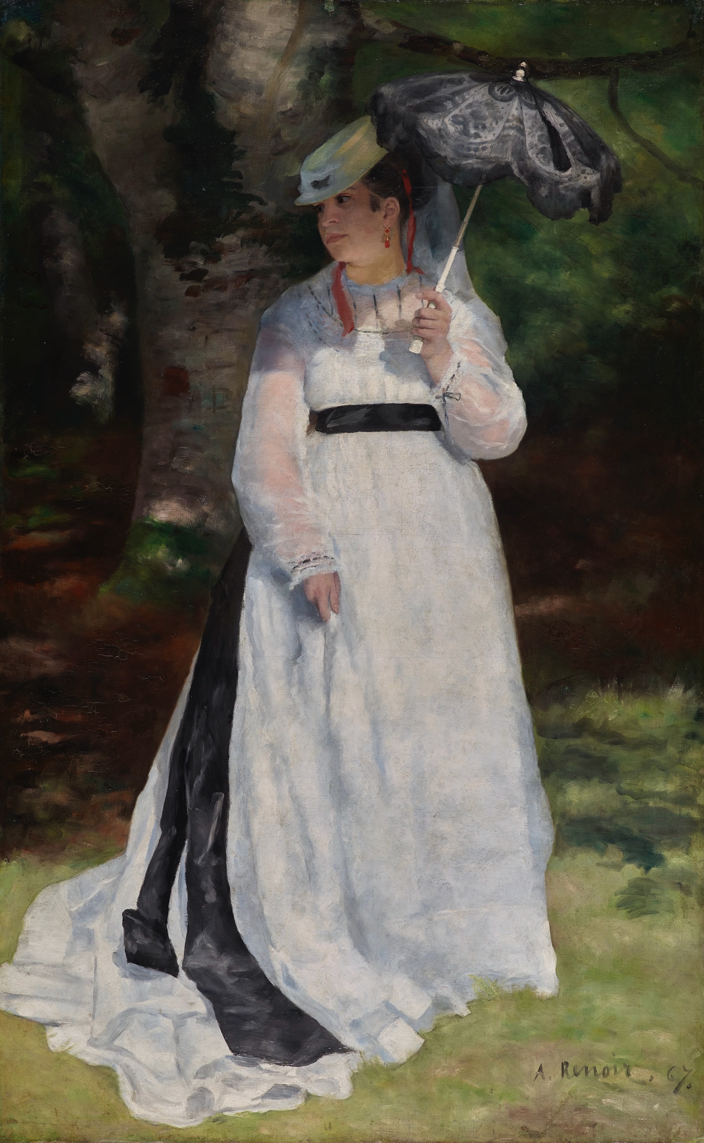 Renoir's Lise with a Parasol shows a woman in a long white dress holding a black lace parasol in a wooded setting.