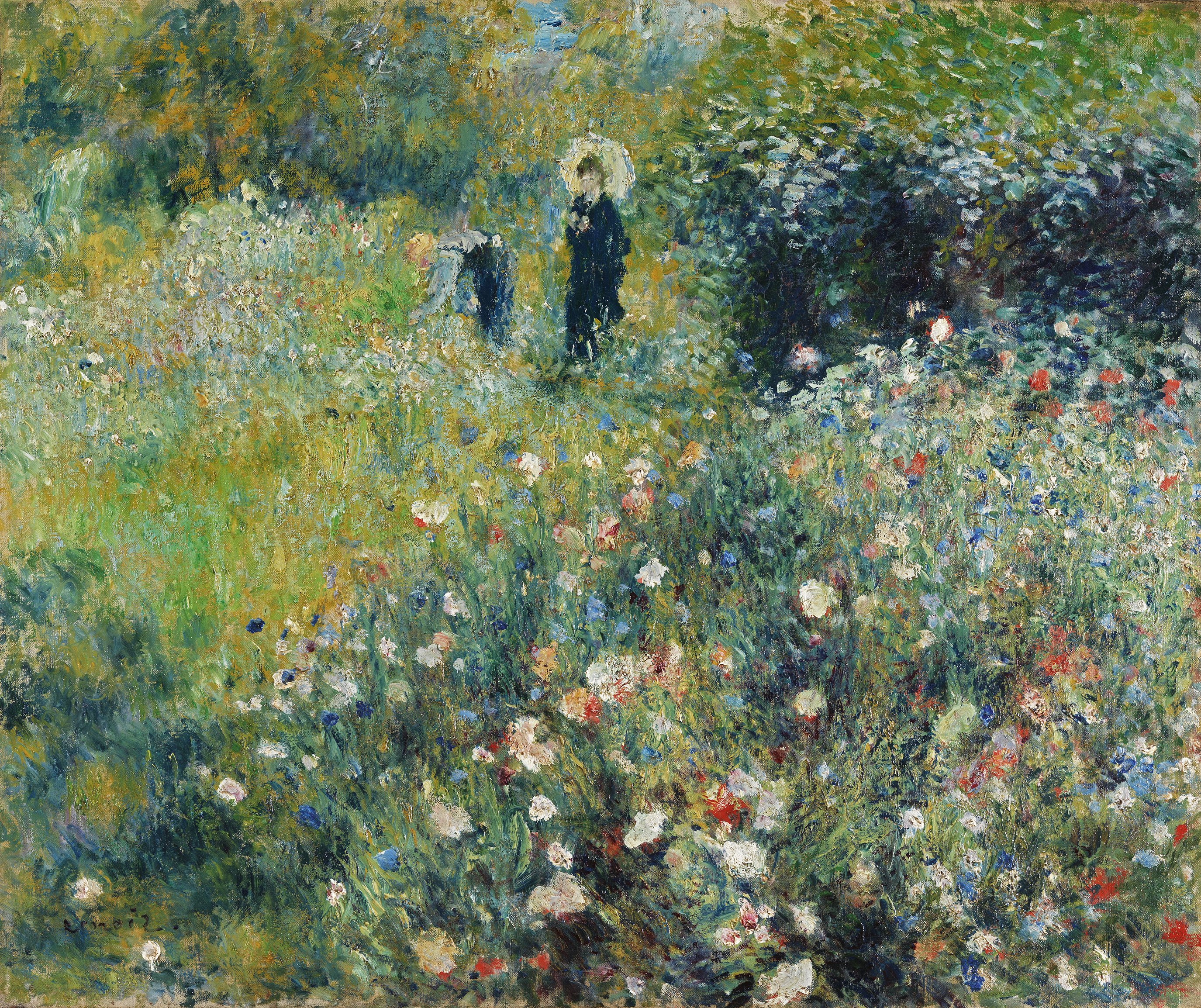 Renoir's Woman with a Parasol in a Garden places two figures amid dense flowers and foliage, with the parasol held near the centre.