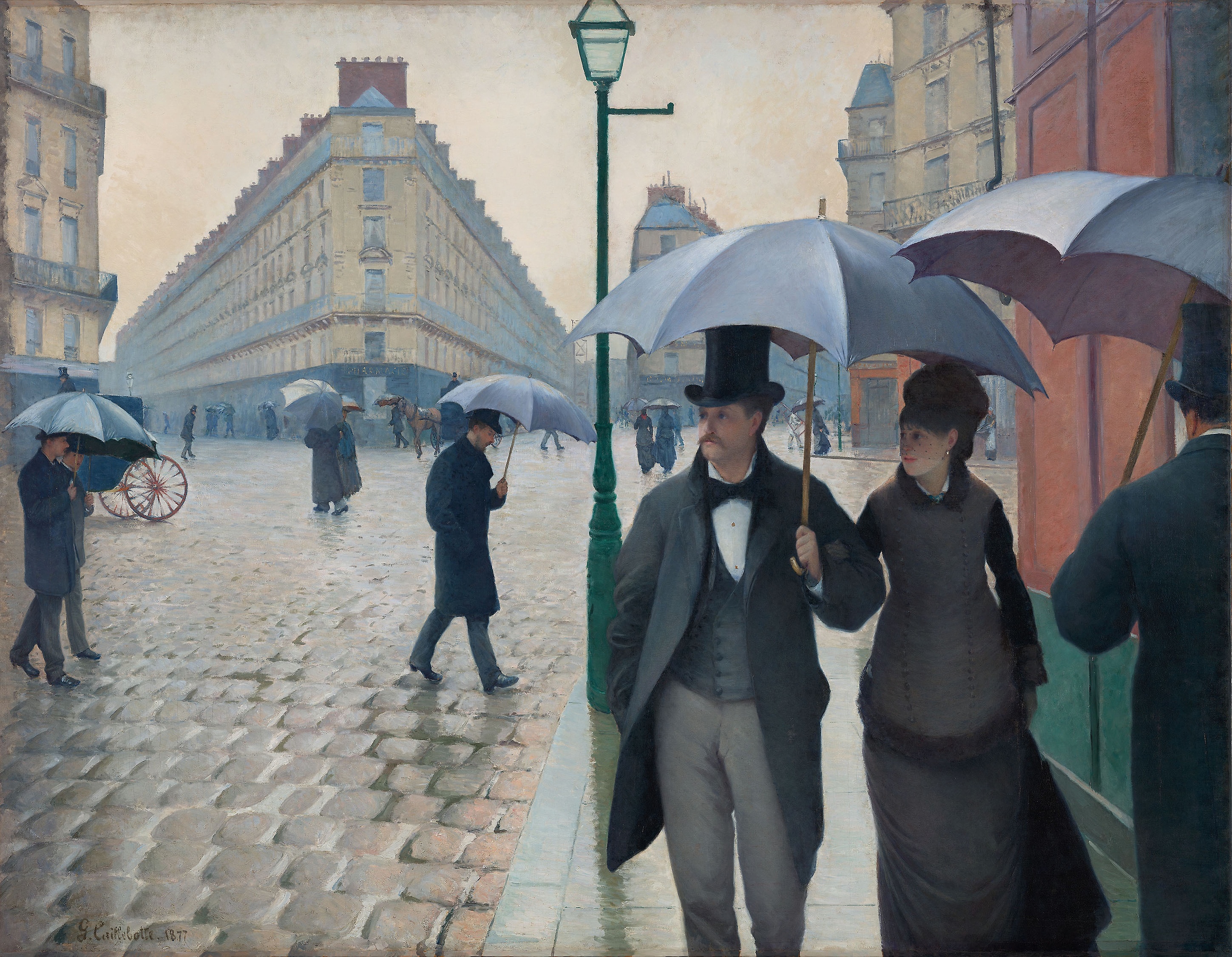 Caillebotte's Paris Street; Rainy Day shows umbrella-carrying pedestrians crossing a broad wet Paris intersection.