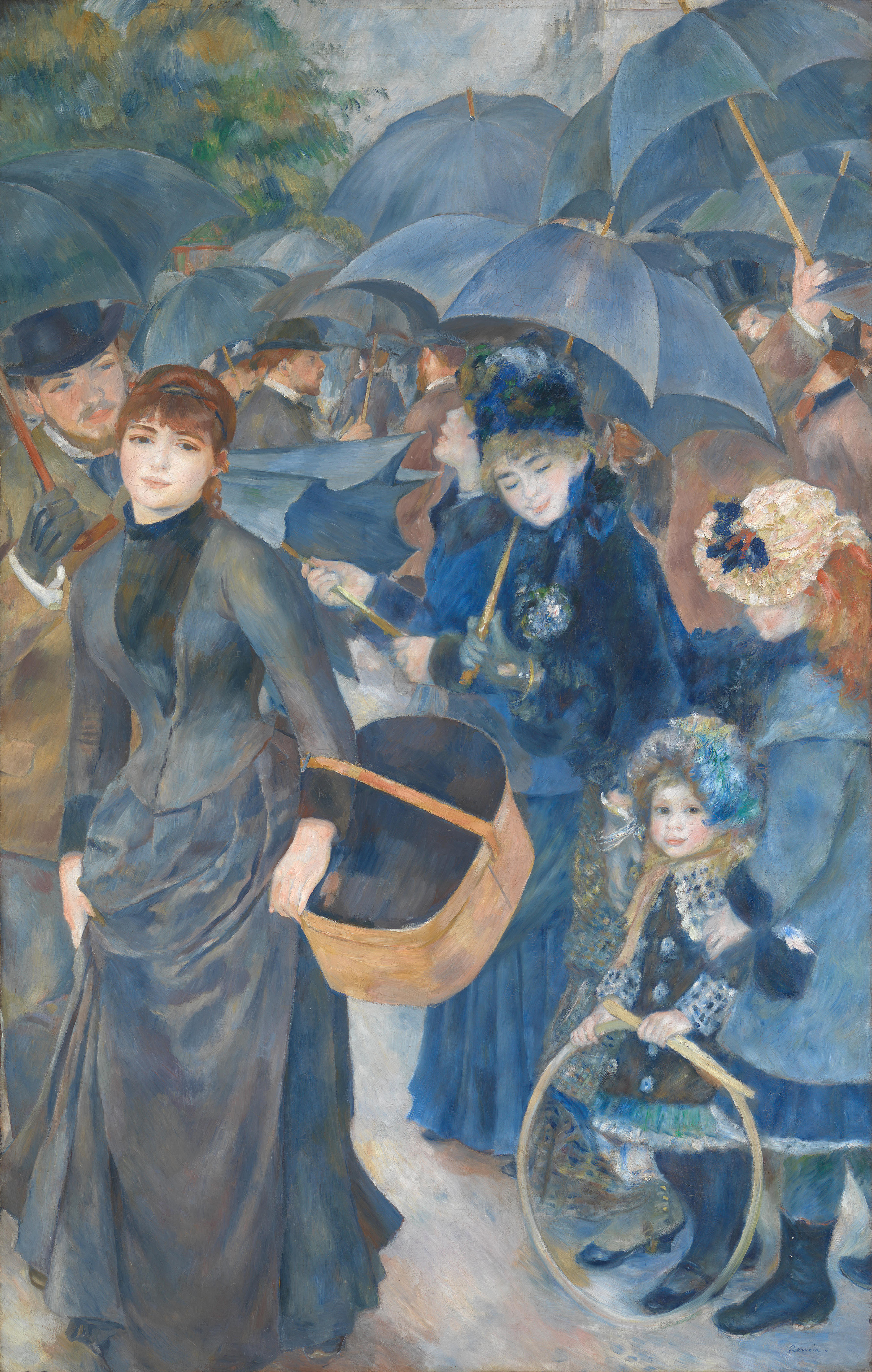 Renoir's The Umbrellas crowds figures beneath overlapping blue-grey umbrellas, with a woman carrying a basket at left.