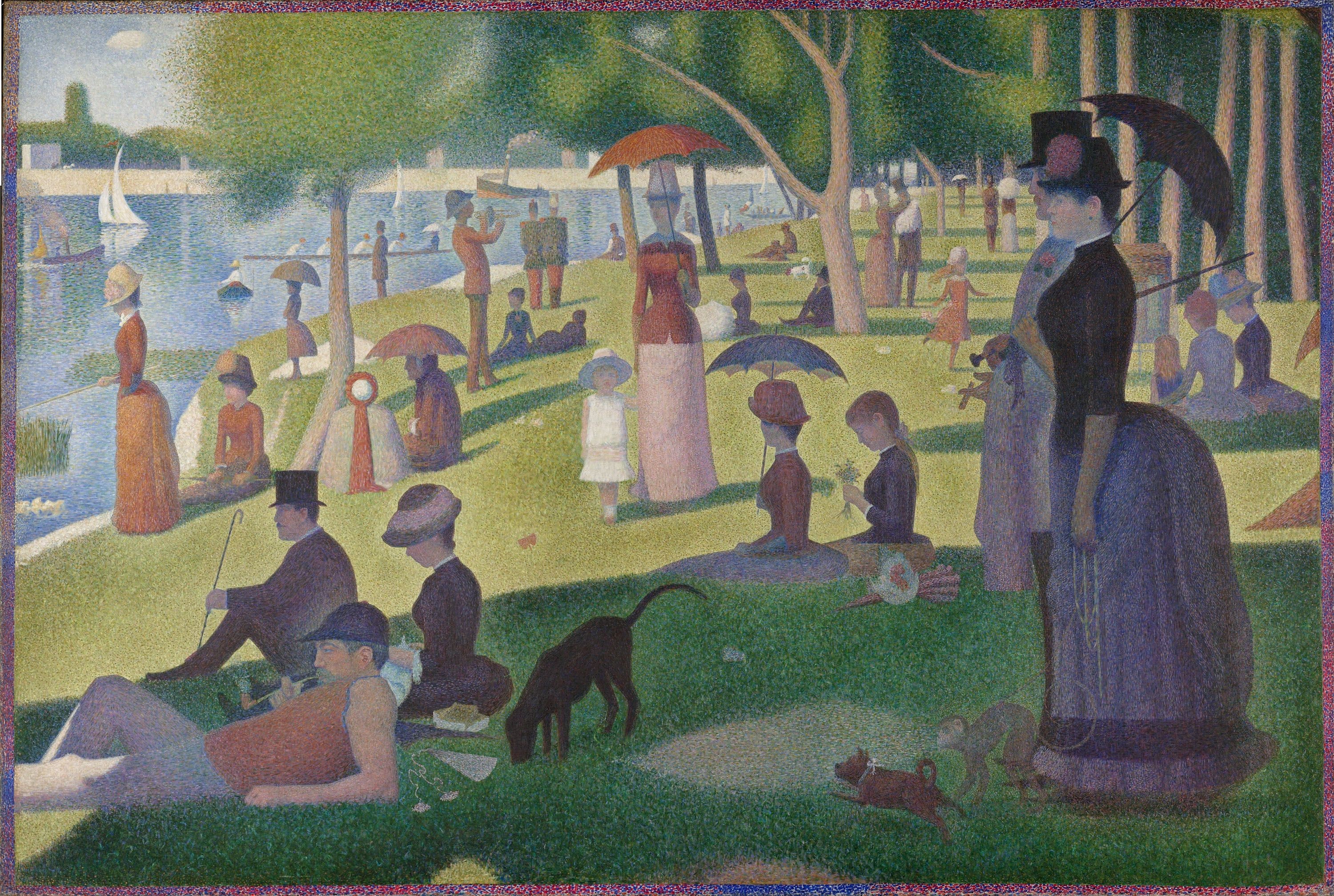 Seurat's A Sunday on La Grande Jatte—1884 shows formally arranged park visitors beneath trees, several holding parasols beside the river.