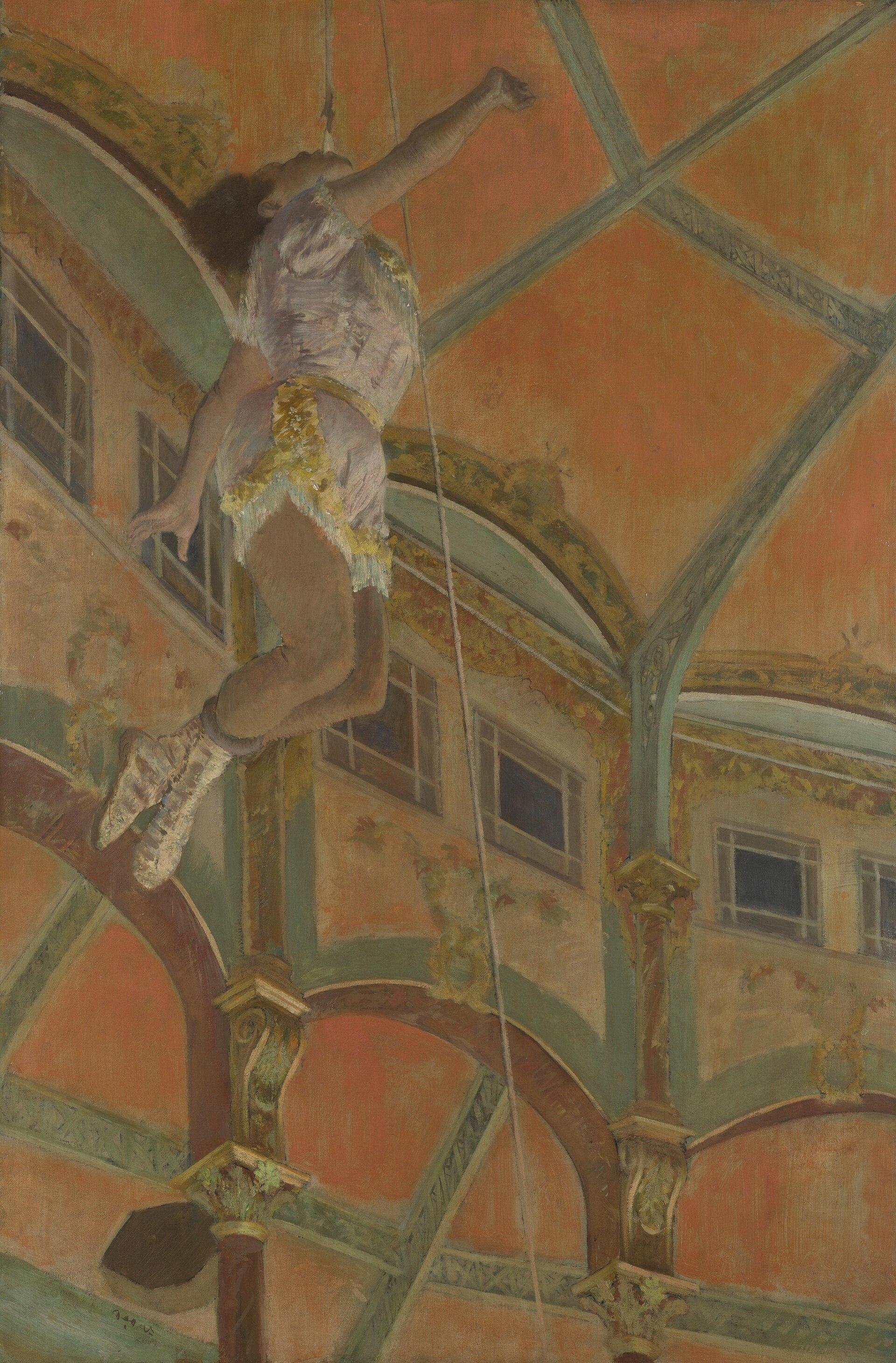 Degas's Miss La La at the Cirque Fernando, showing the aerialist suspended by her teeth from a rope high beneath the circus roof.